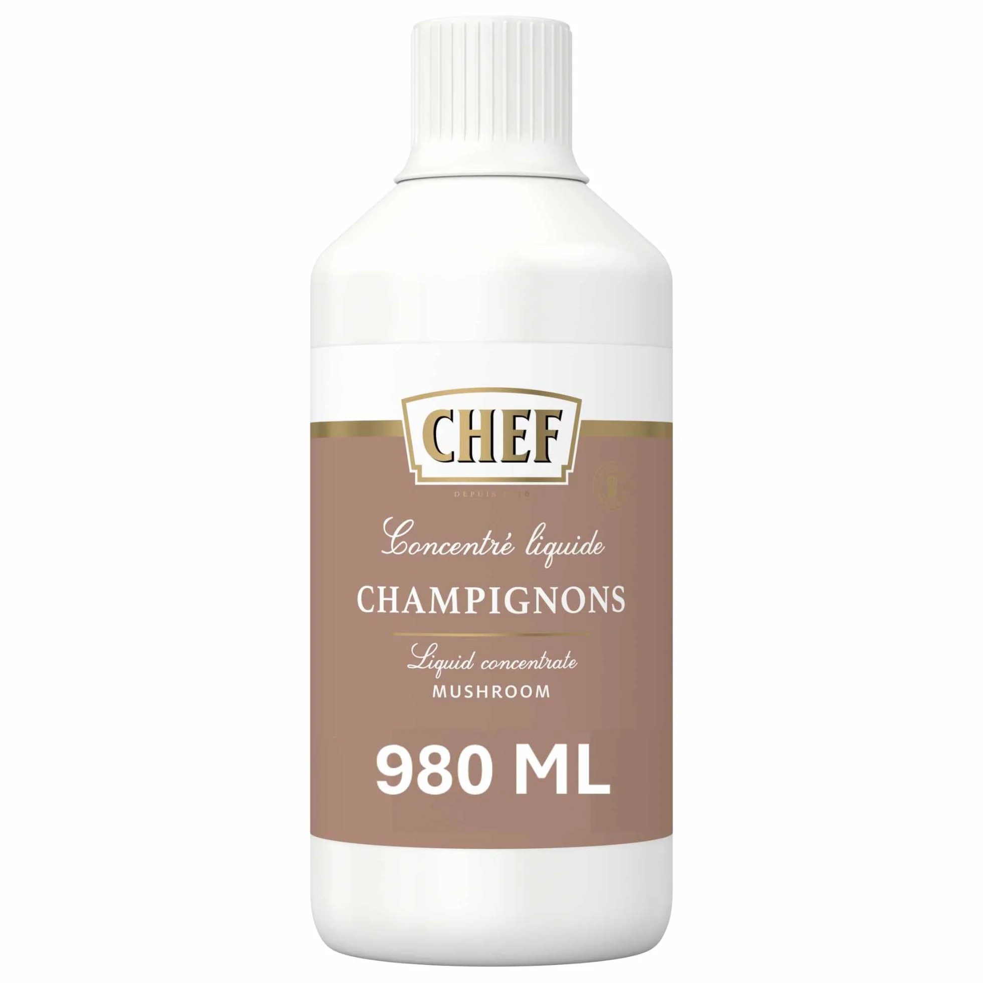 CHEF Concentré Liquide Champignons - A base de 40% de Champignons Réhydratés - Utilisable à Chaud et à Froid - Gain de temps - Aide Culinaire, Sauce, Fonds, Fumet - Bouteille de 980 ml