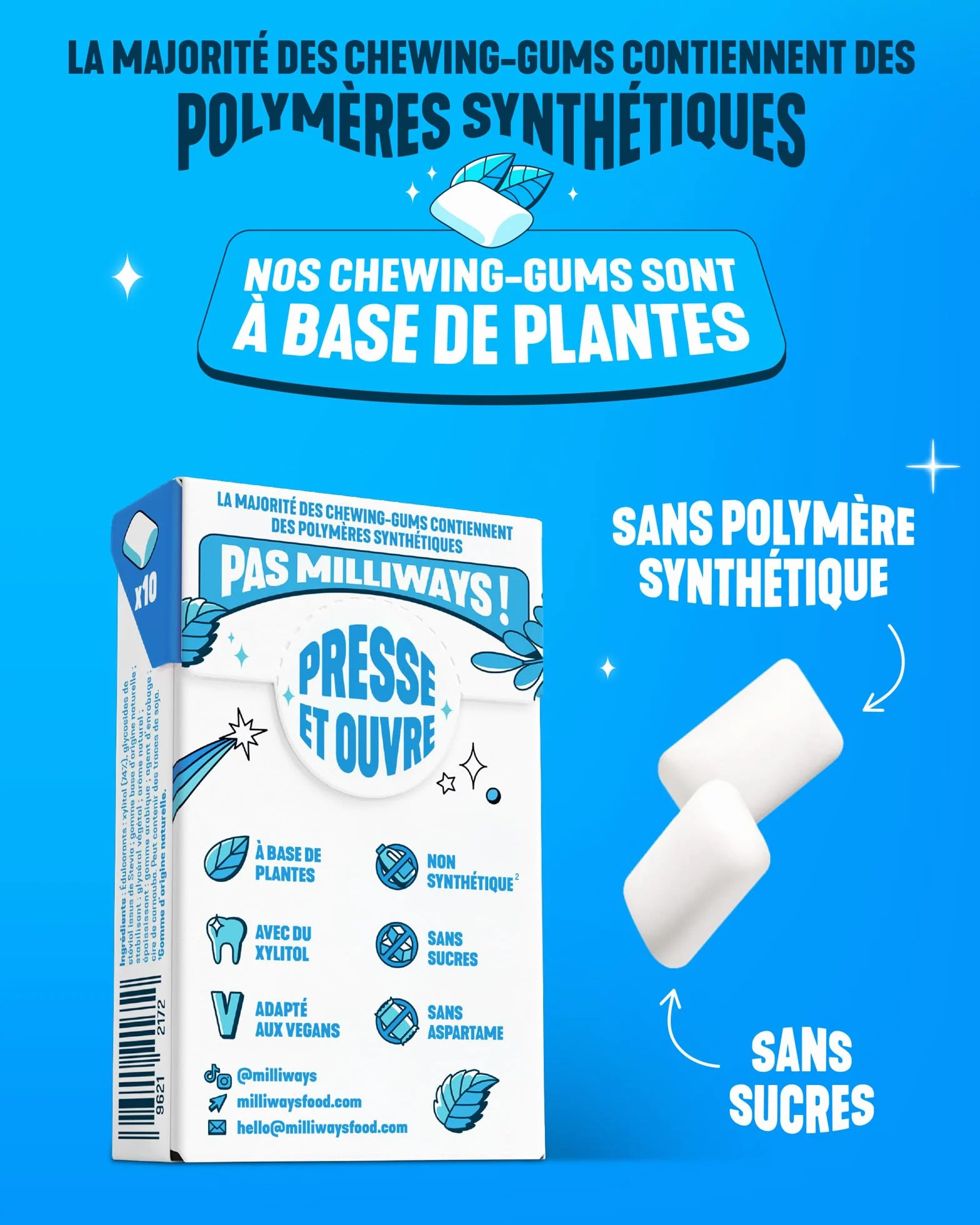 MILLIWAYS Chewing gum sans sucres menthe Xylitol 12 boîtes 10 dragées 20g