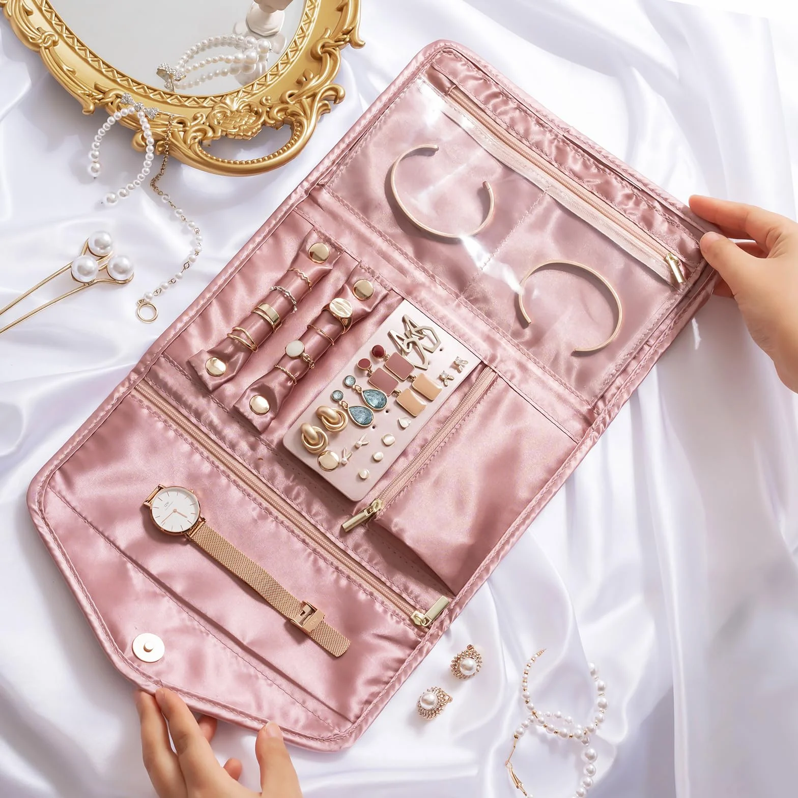 Lolalet Trousse Bijoux Voyage Pliable Rouleau Bijoux Velours avec Pochette de Rangement pour Colliers Boucles d'Oreilles Bagues Bracelets Rose