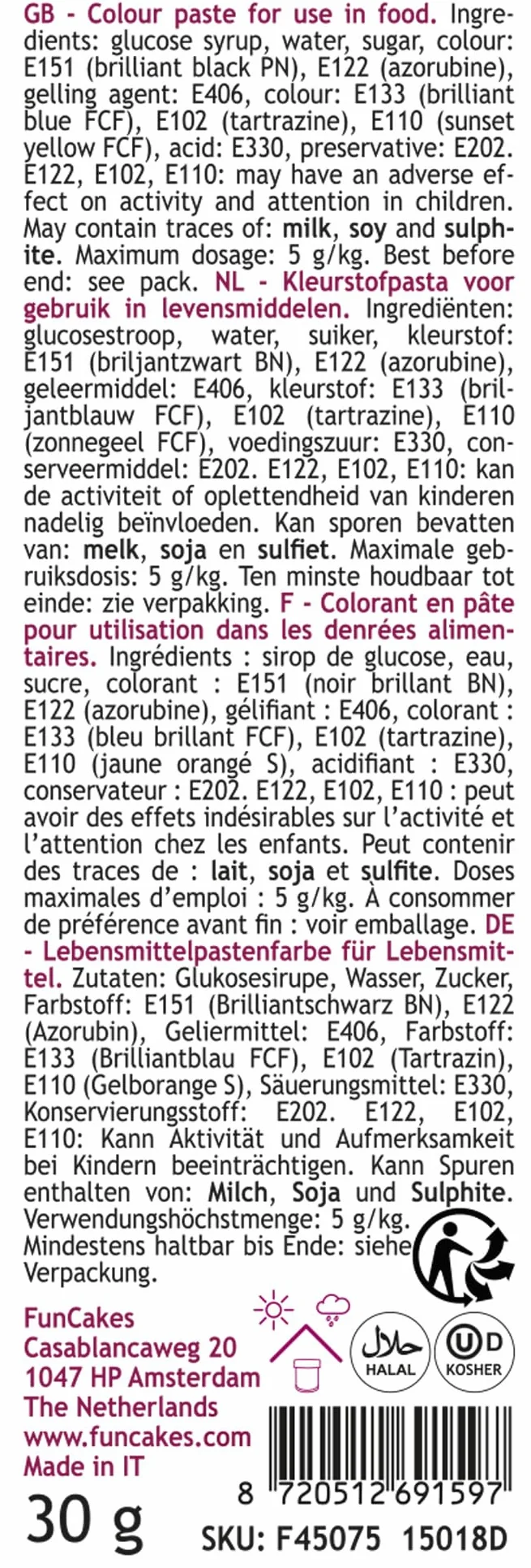 FunCakes Pâte Colorante Alimentaire Noir; Pâte colorante alimentaire concentrée pour pâte, crème, pâte à sucre, pâte d'amande, pâte, pâte à modeler et pâte à fleurs. Halal et casher. 30 grammes