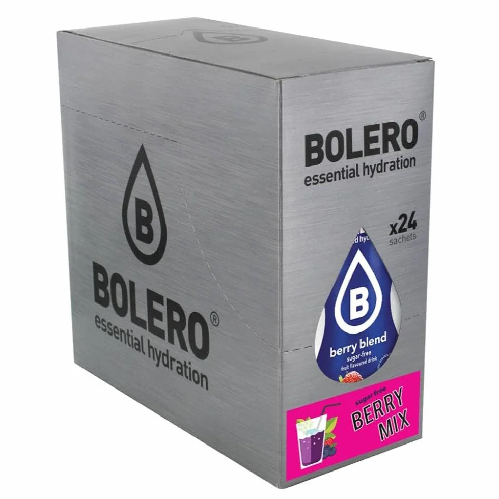 Boisson Boléro BERRY MIX | 24x9g I boisson rafraîchissante en poudre sans sucre édulcorée à la stévia | Vitamine C | pour diabétiques | arômes de baies | boissons pour la famille et les amis