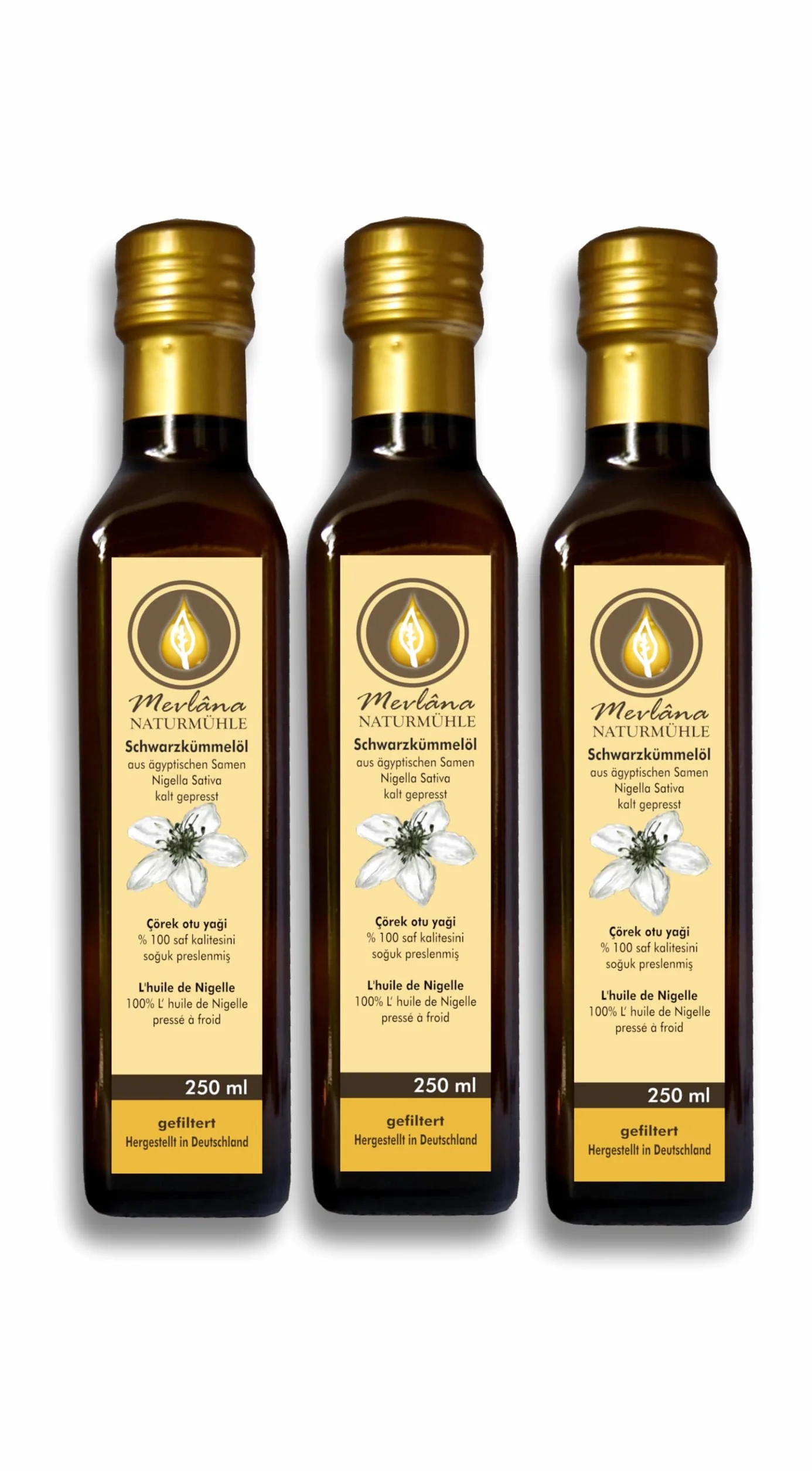 Mevlâna Lot de 3 huiles de cumin noir égyptien, 100 % naturelles, 250 ml, filtrées (3)
