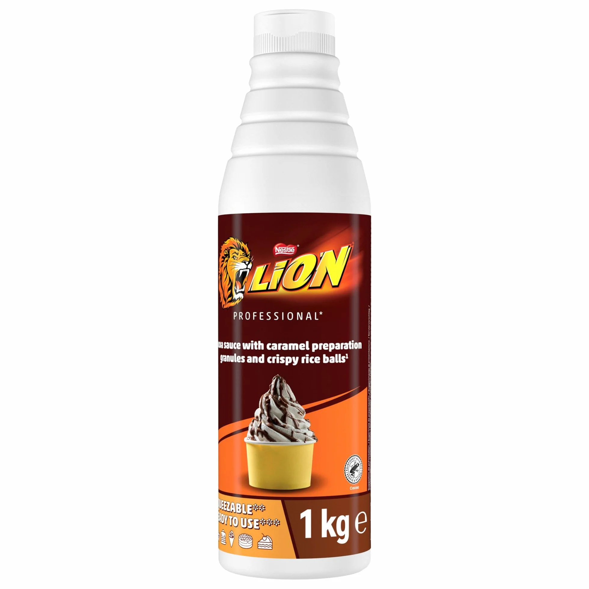 LION Sauce Cacao aux Eclats de Caramel et Billes de Riz Croustillantes - Prêt-à-l'Emploi - Topping, Nappage, Idéal pour les Desserts et Décorations - Bouteille Squeeze 1kg