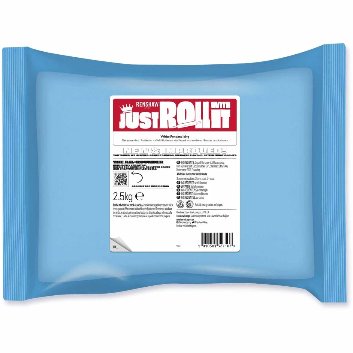 Renshaw - Fondant White 2.5kg, Pâte à Sucre Prêt à l'Emploi, Optimal pour Recouvrir et Décorer Gâteaux, Cupcakes et Biscuits, Blanc, 2.5 kg