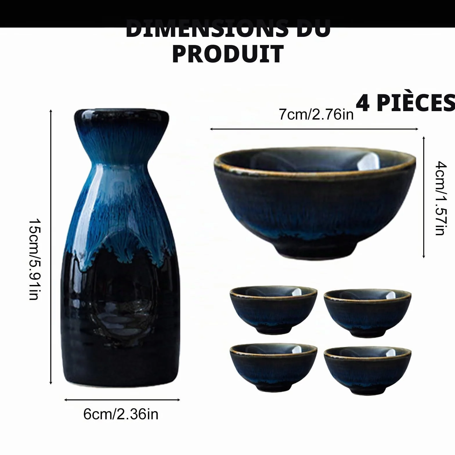 GOEDCH Ensemble de saké japonais traditionnel : ensemble de vin de riz bleu pour le style japonais Contient 4 gobelets à saké et 1 pot à saké, ensemble de saké artisanal pour la maison et les
