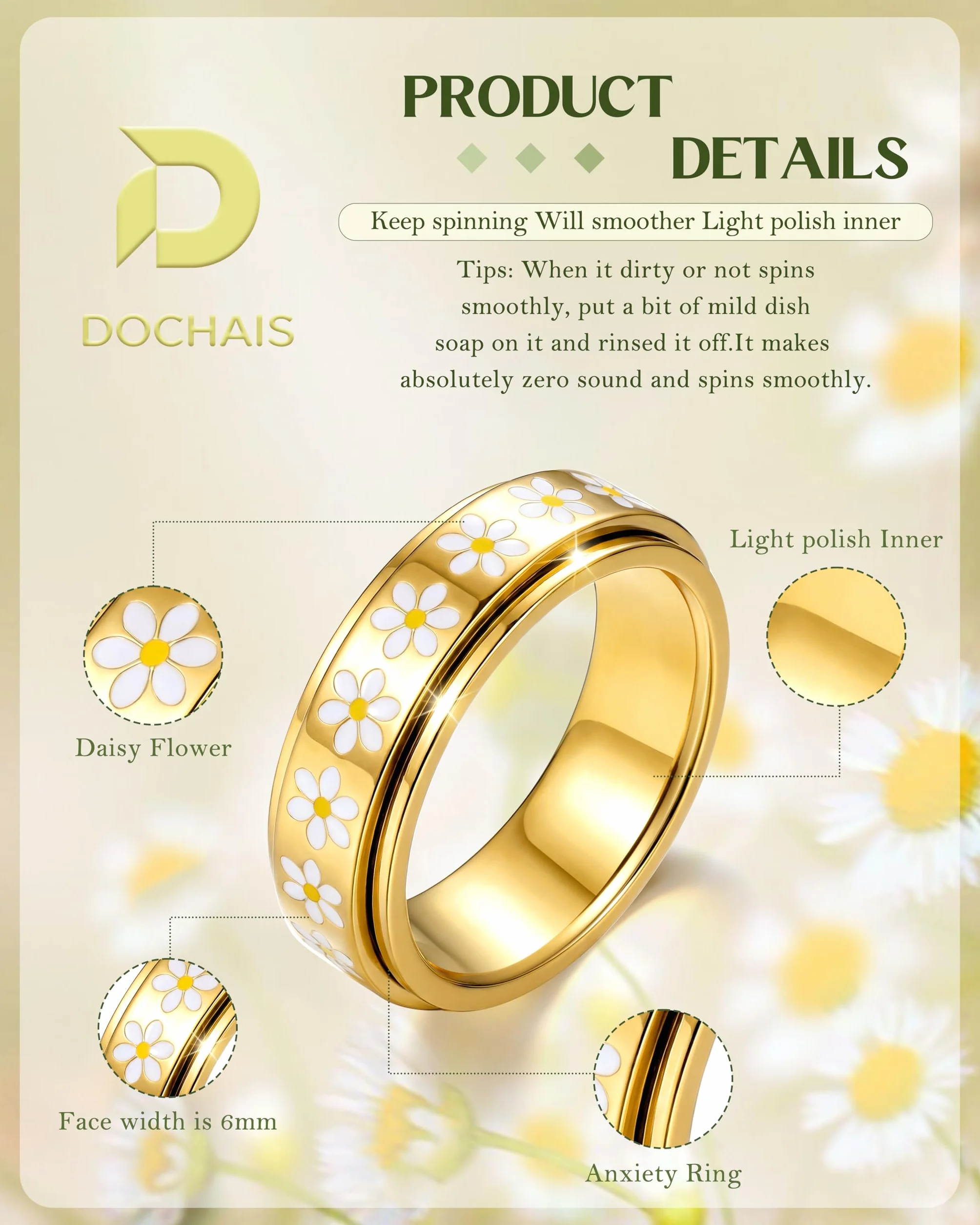 Bague Anti Stress Tournante Marguerite Acier Inoxydable Doré Argenté, Bague Fidget Spinner Fleur
