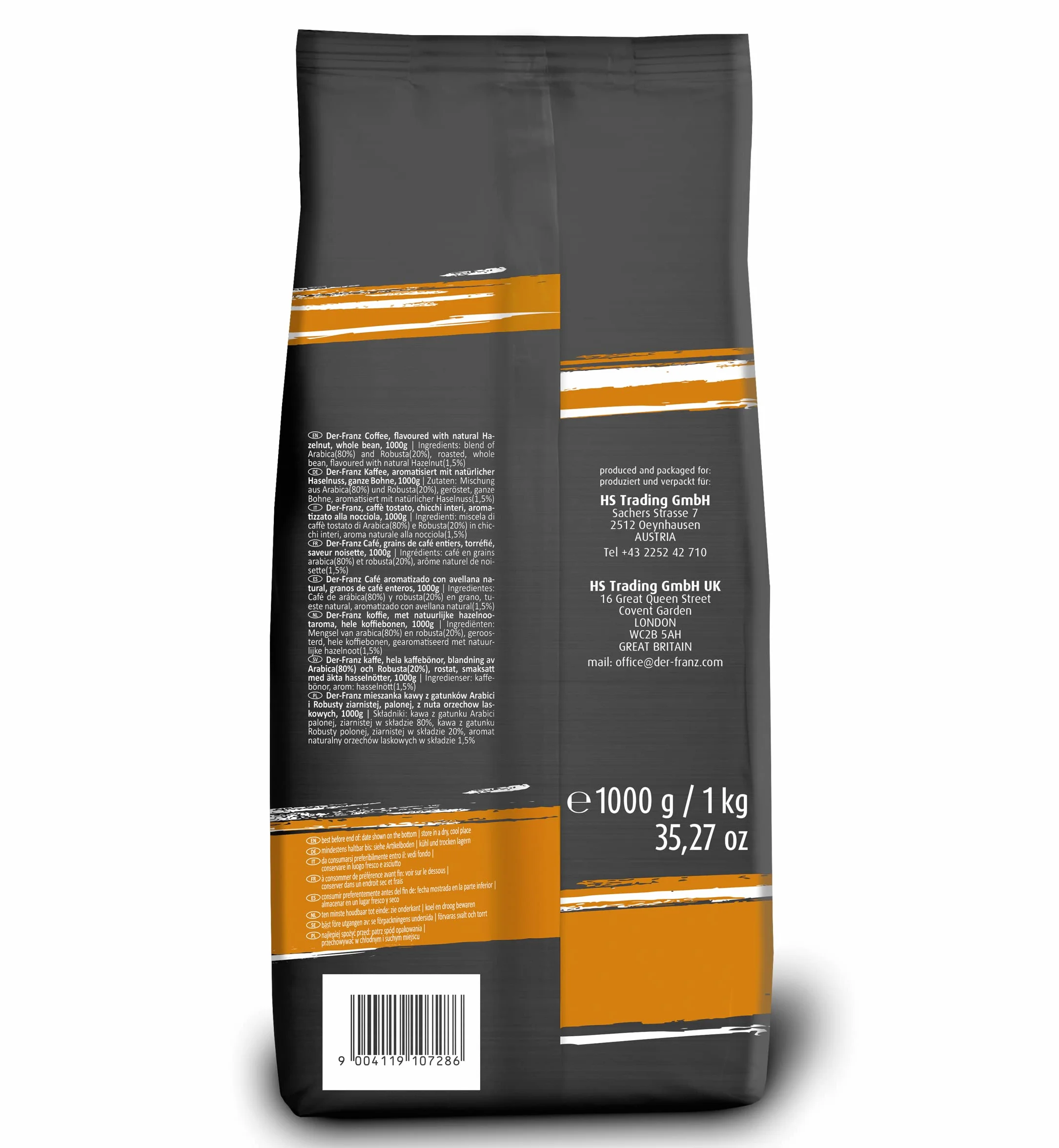 Der-Franz Café, Arômes de Noisette, Café d'Arabica et de Robusta en grains, 1000 g