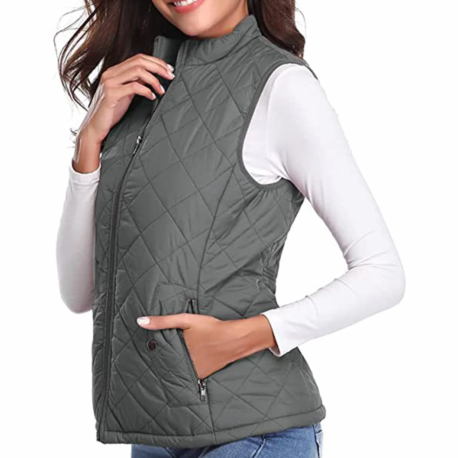 Gilet matelassé pour femme avec poches zippées col montant veste légère rembourrée sans manches coupe ajustée