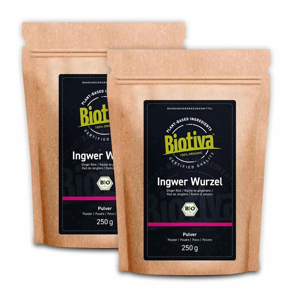Gingembre poudre bio 500g (2x250g) - Racine moulue - par ex. pour le thé au gingembre et l'eau au gingembre - Mis en bouteille et contrôlé en Allemagne - Biotiva