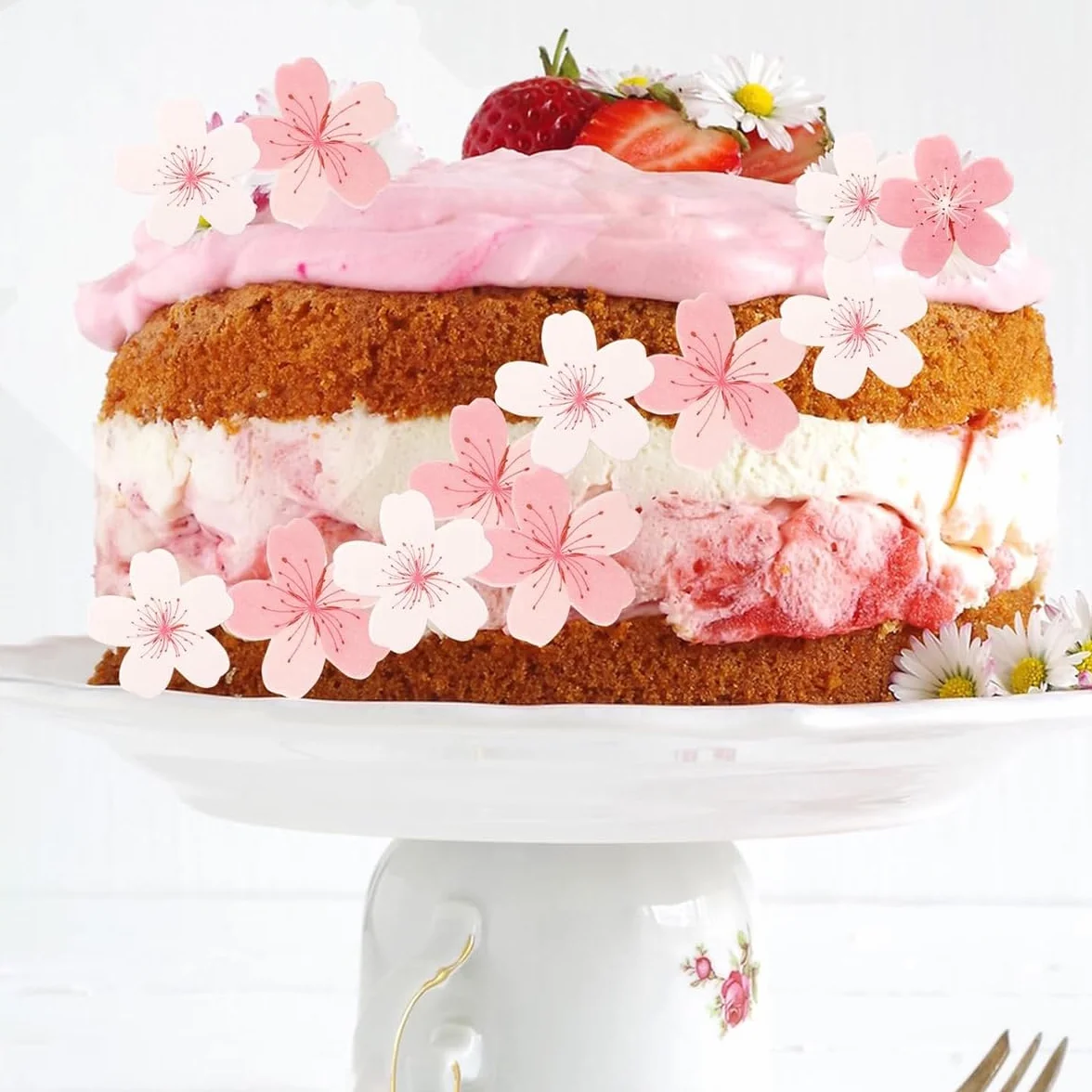 50 Pièces Fleurs Comestibles Cupcake, Fleurs Comestibles pour Gateau, Gluant Papier de Riz Décoratif Gâteau, Décoration de Gâteau pour Anniversaires, Fête Mariage(Rose et blanc)