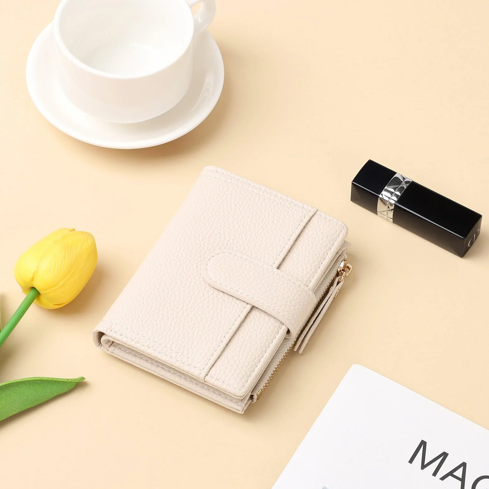 Portefeuille Femme Cuir Blanc avec Fermeture éclair et Porte-Cartes