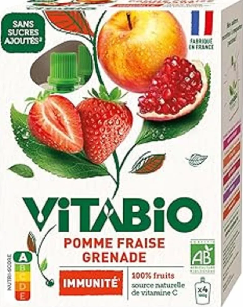 VITABIO - Gourdes Pomme Fraise Grenade - IMMUNITE - 4x100g - BIO