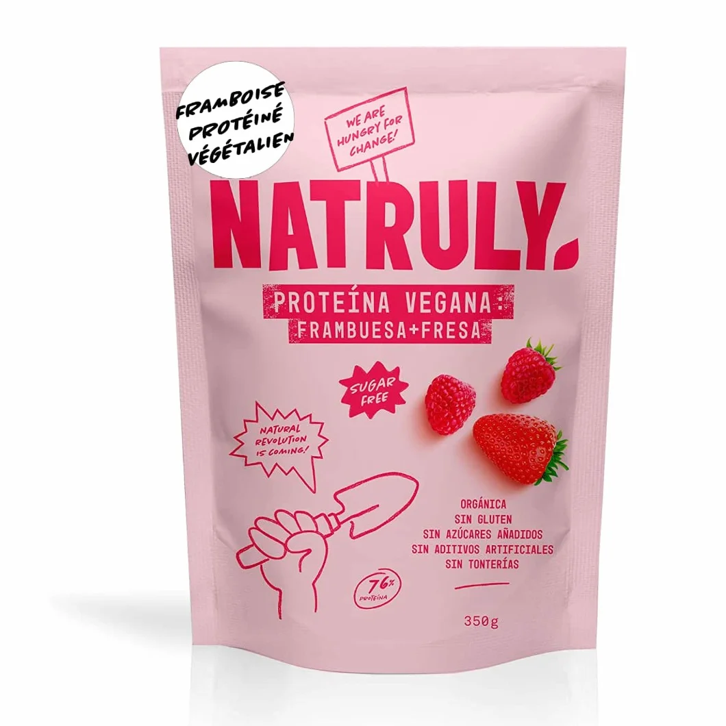 NATRULY Protéine Vegan BIO Fraise et Framboise, 90% Protéine, 100% Naturel Sans Sucre, Sans Gluten, Sans Lactose -350g