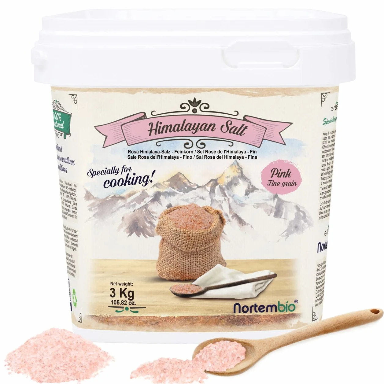 Nortembio Sel Rose de l’Himalaya 3 kg Grain Fin (1–2 mm) Origine Punjab Pakistan Sel Minéral Naturel Non Raffiné pour Cuisine + eBook de Recettes Offert