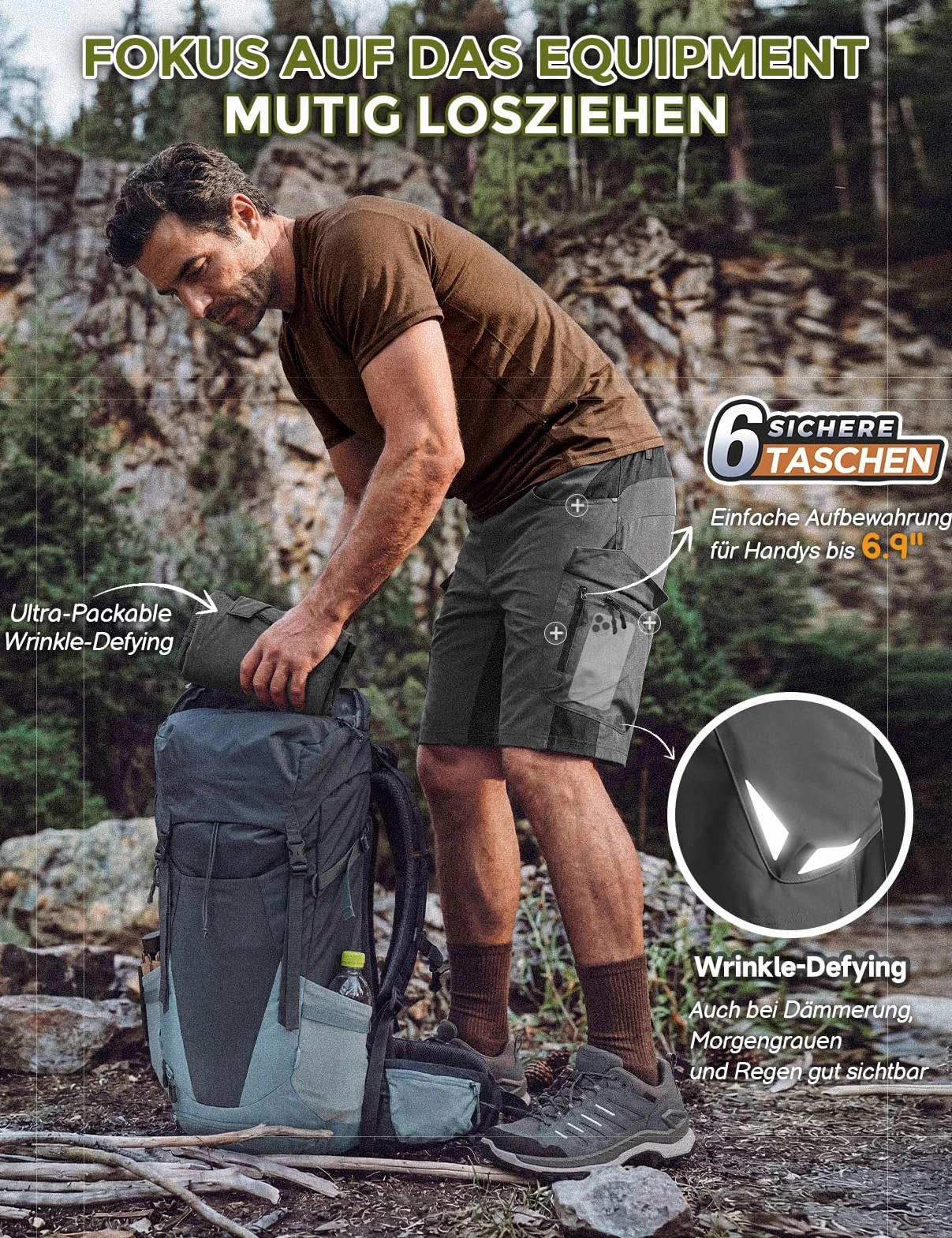 Wespornow Shorts Cargo Hommes 6 Poches Pantalons Travail VTT Stretch Randonnée Estivale