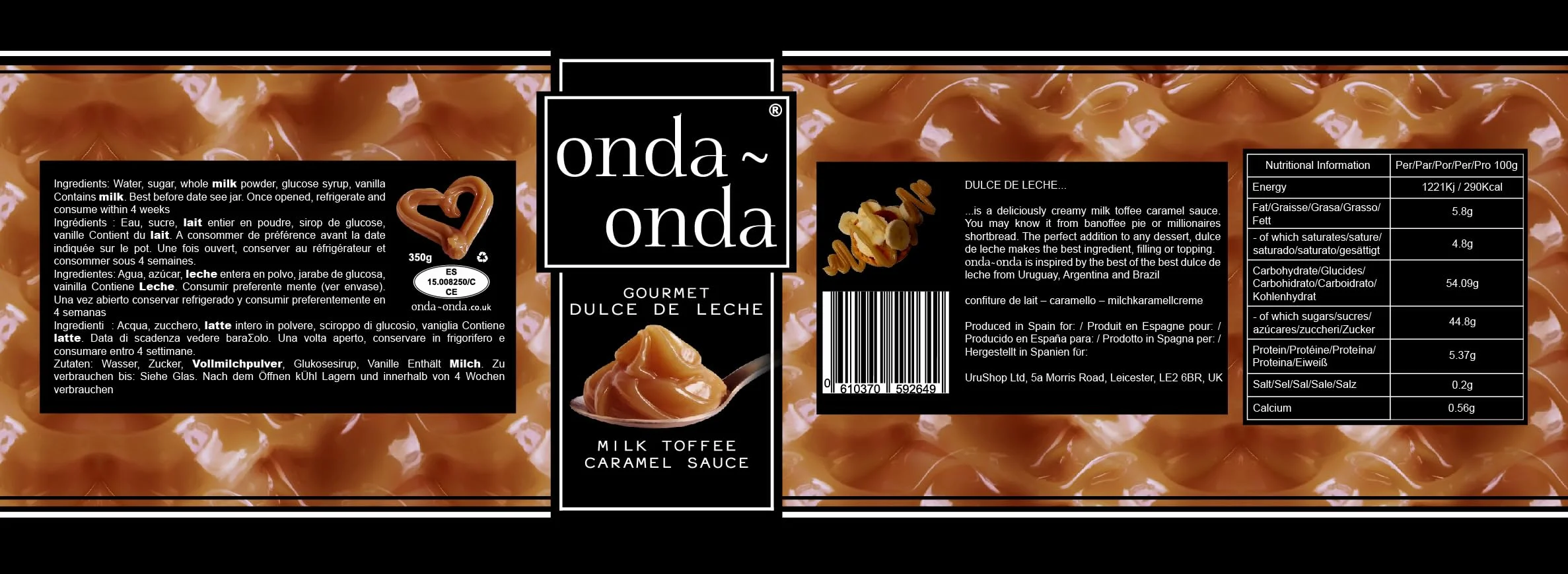 Onda Onda Gourmet Dulce de Leche - Sauce caramel au lait de qualité supérieure. Garniture crémeuse pour gâteaux, desserts, gâteaux, tartes au banoffee, crêpes, glaces et puddings 3x 350g