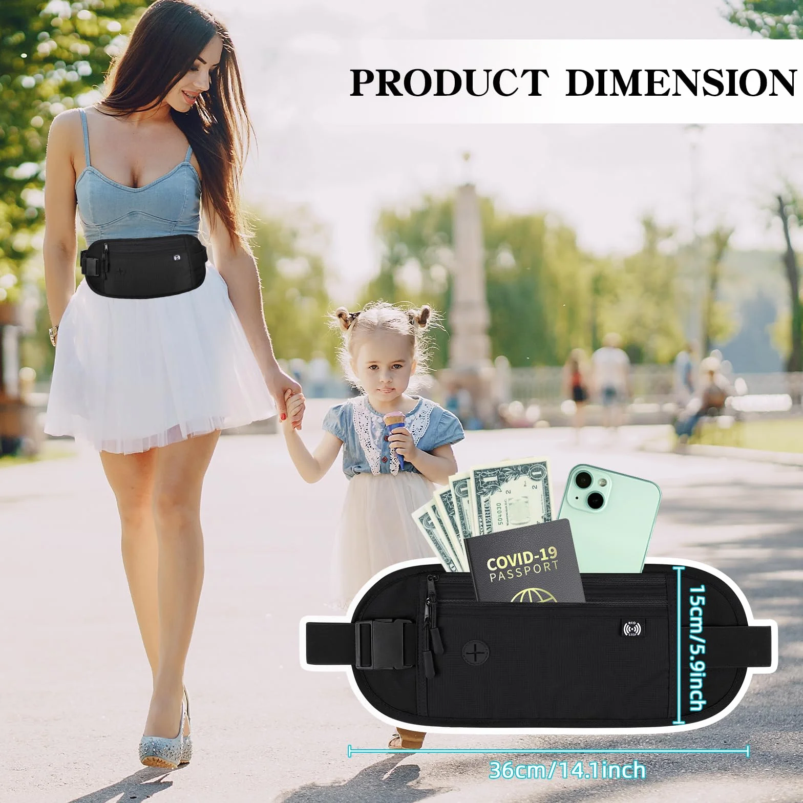 Ceinture de Voyage RFID Blocage, Sacoche Banane Imperméable pour Argent Passeport, Noir