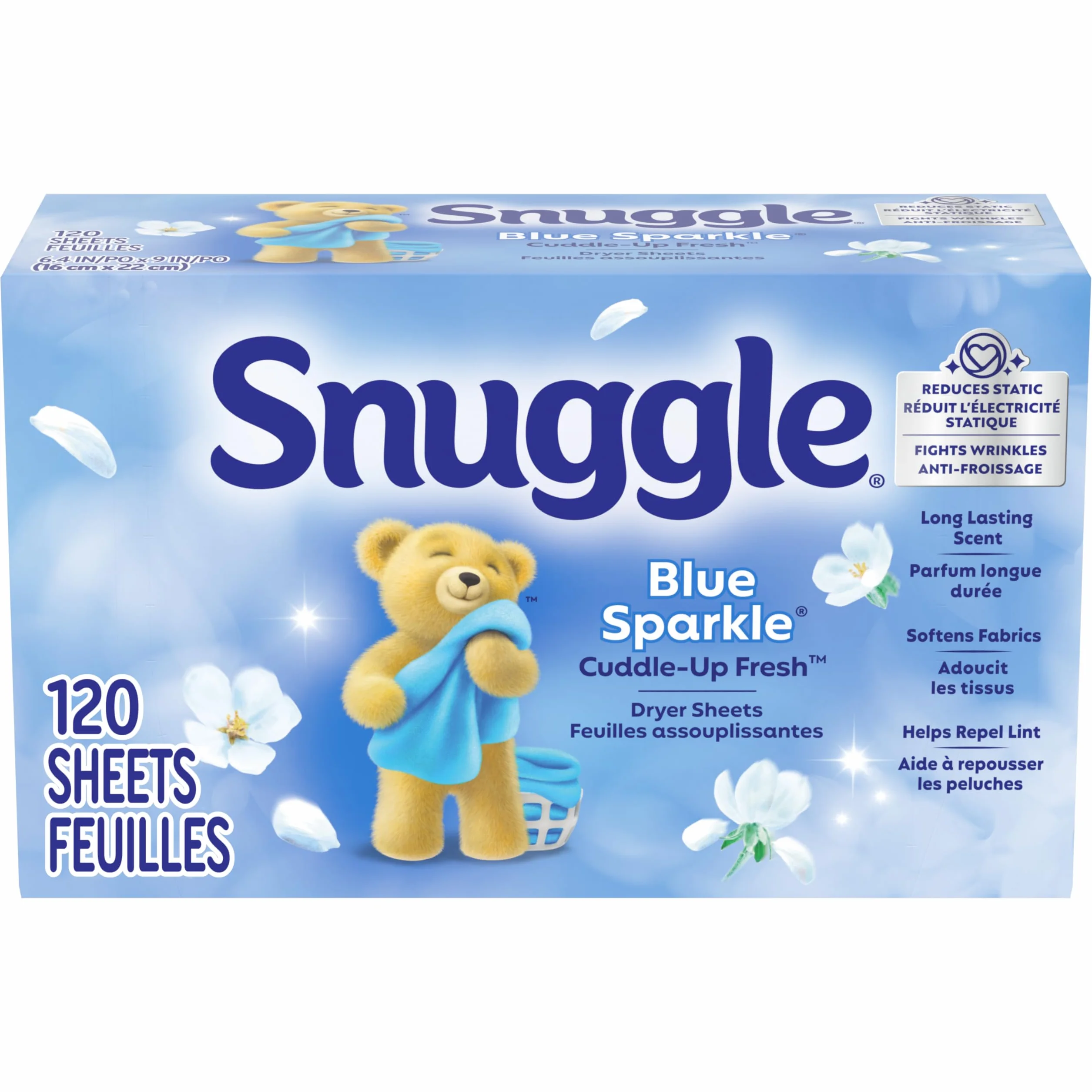 Snuggle Lot de 120 feuilles d'adoucissant pour sèche-linge, bleu brillant