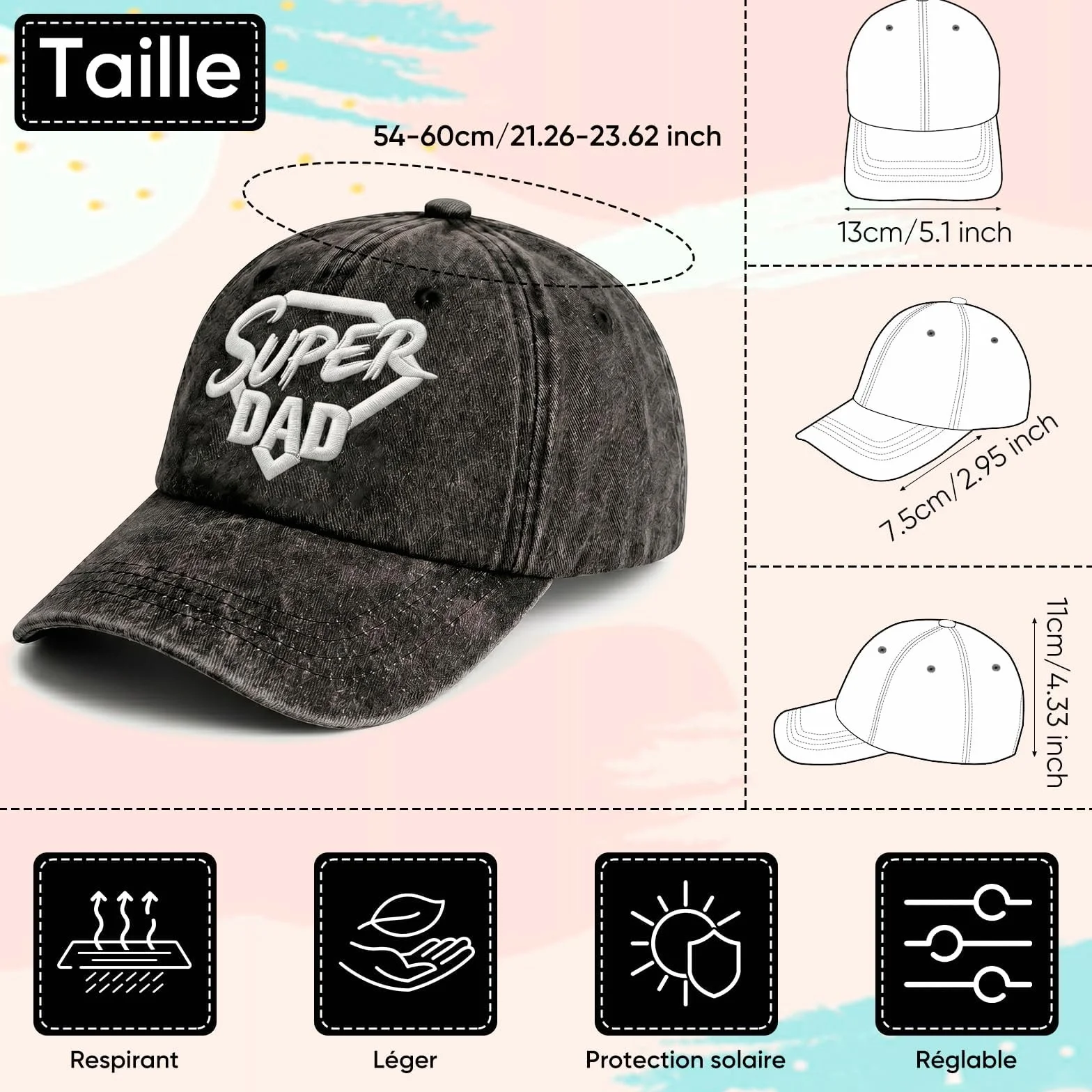 Casquette Brodée Super Dad Chapeau Baseball Réglable Homme Vintage Cadeau Fête des Pères