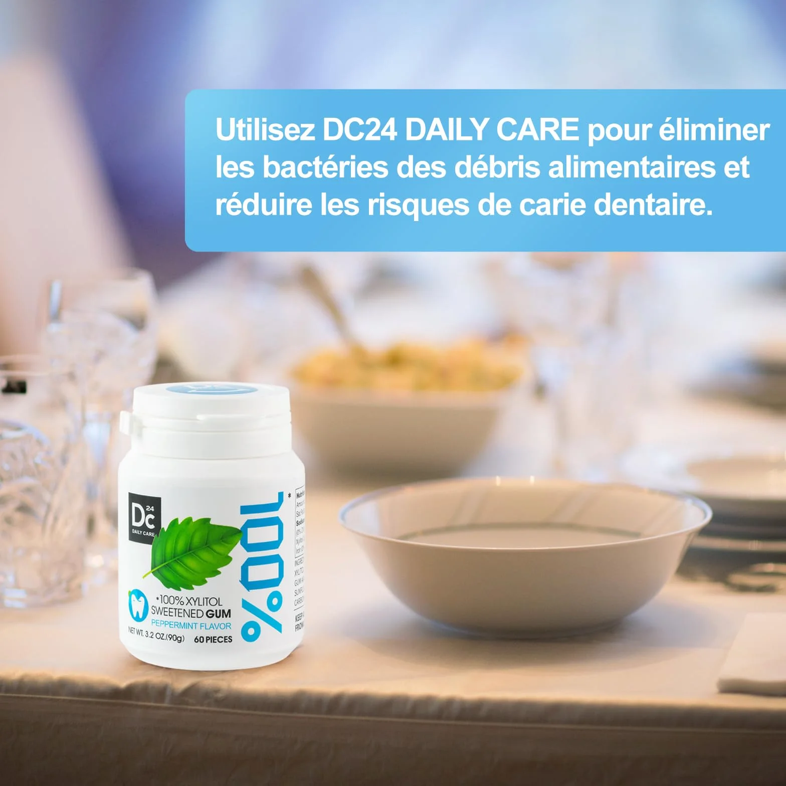 DC24 DAILY CARE 100% Xylitol Gum, sans aspartame, chewing-gum à la menthe poivrée sans sucre, 60 pièces, paquet de 2