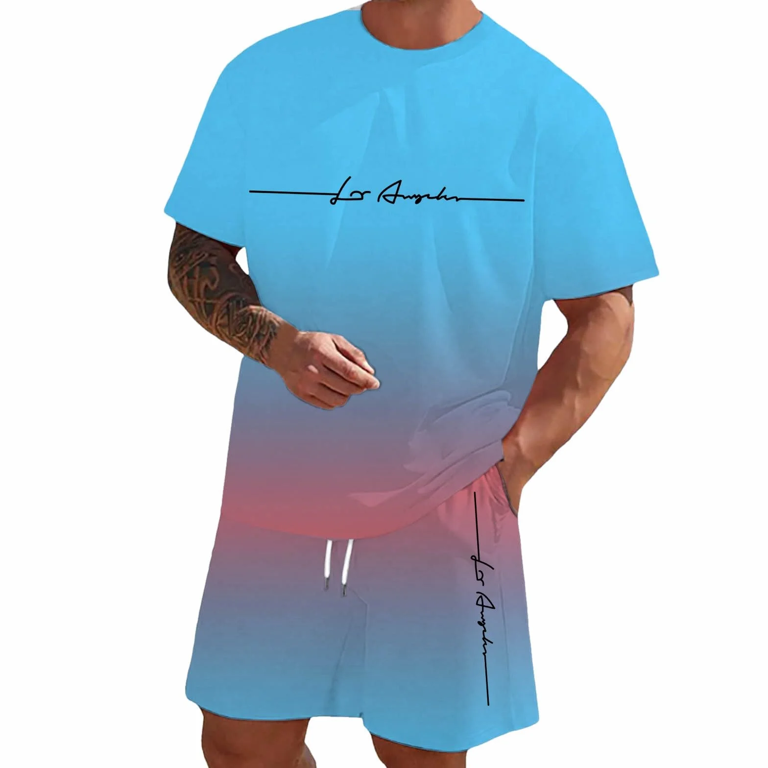 Ensemble Homme 2 Pièces T-Shirt Short Manches Courtes Tenue Survêtement Décontracté Plage Vacances