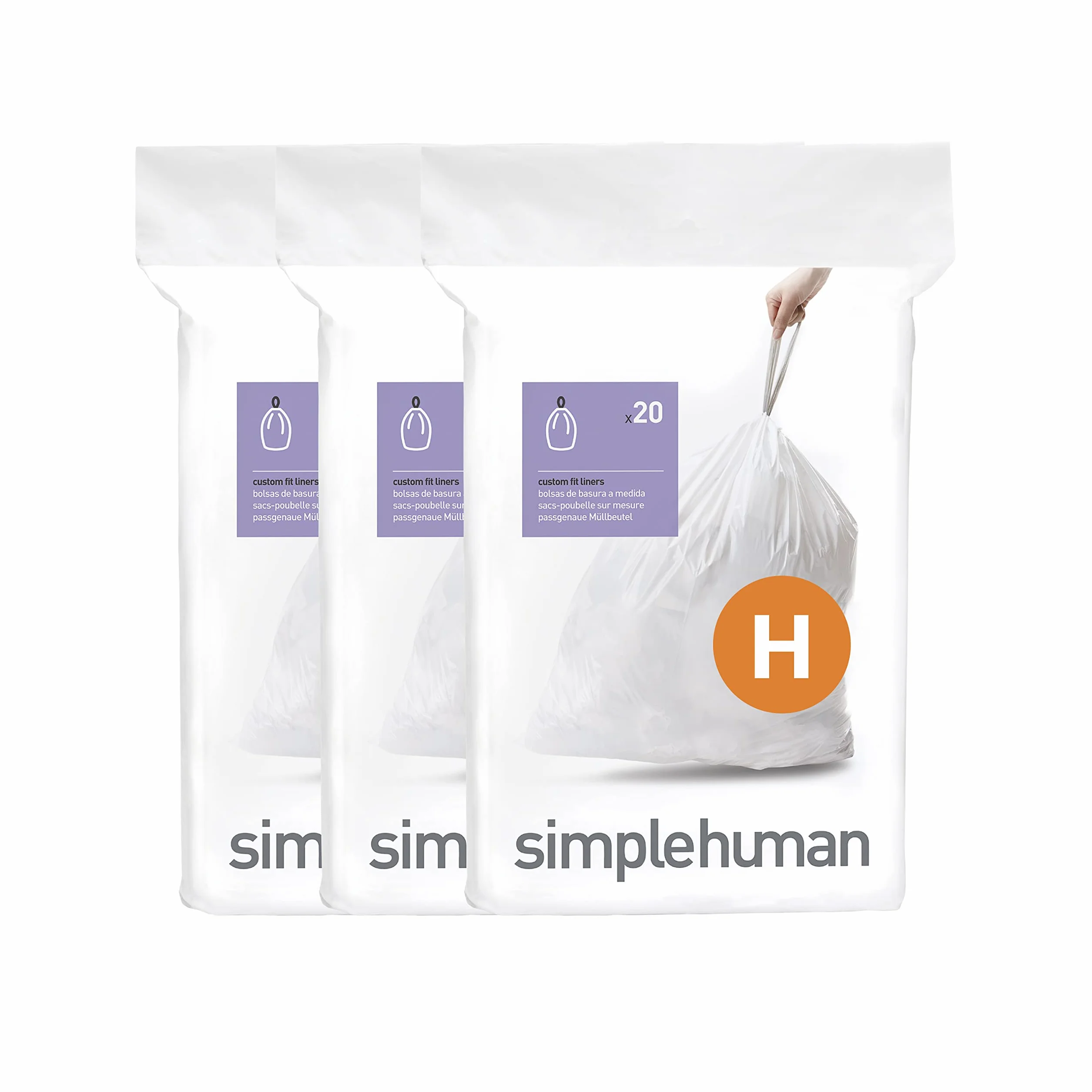 simplehuman CW0258 code H, sacs poubelle sur mesure, 3 x paquet de 20 (60 sacs), plastique blanc