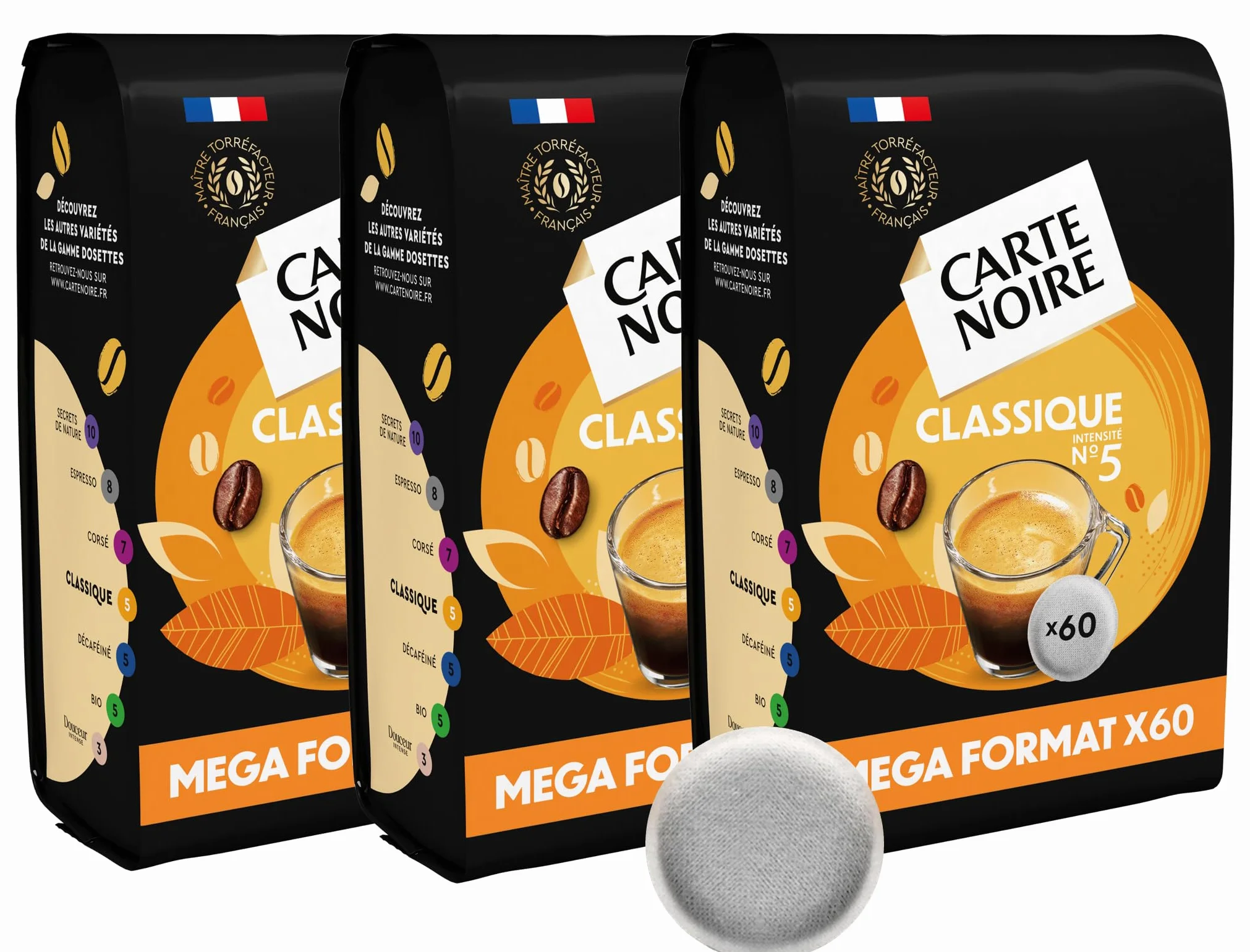 CARTE NOIRE – Café en Dosettes Souples Classique N°5 – Pur Arabica - 3 Paquets de 60 Dosettes – Compatibles Senseo (180 dosettes)