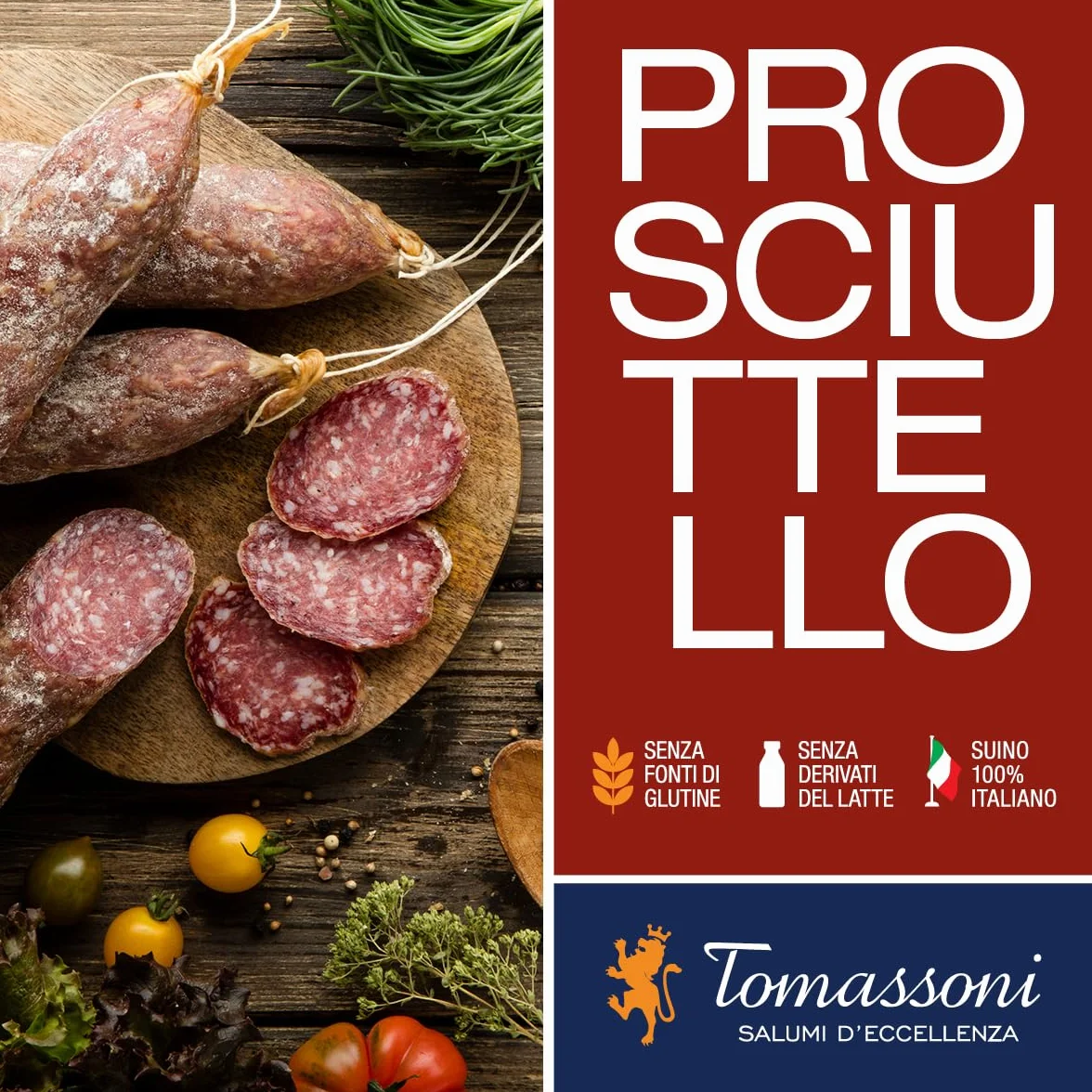 Tomassoni Salami Prosciuttello Italien, sans gluten et sans lactose, produit artisanal 100% italien, spécialités gourmandes de la région des marches, emballé sous vide entier 280g