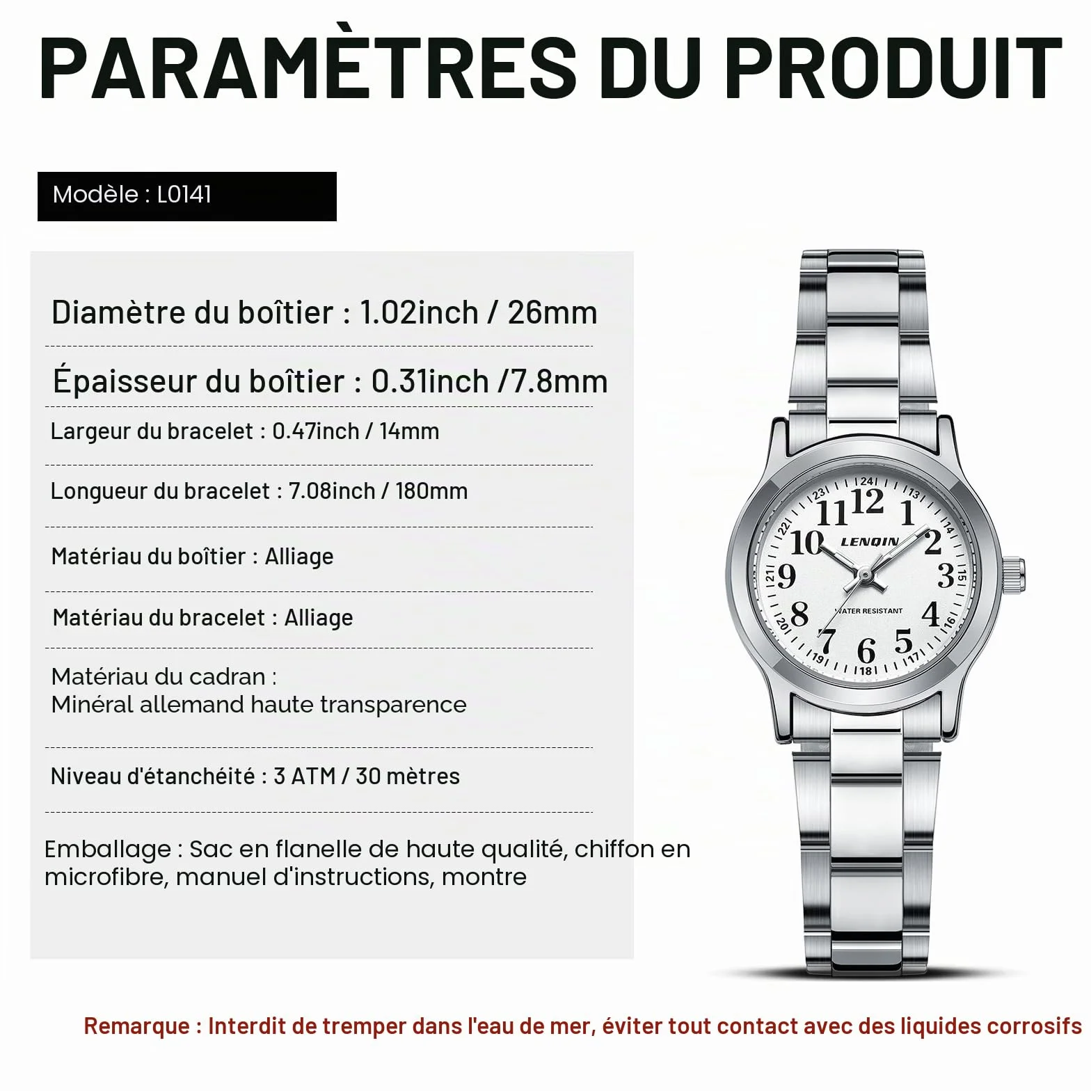 LN LENQIN Montre Femme Acier Inoxydable Quartz Étanche 30M Aiguilles Lumineuses