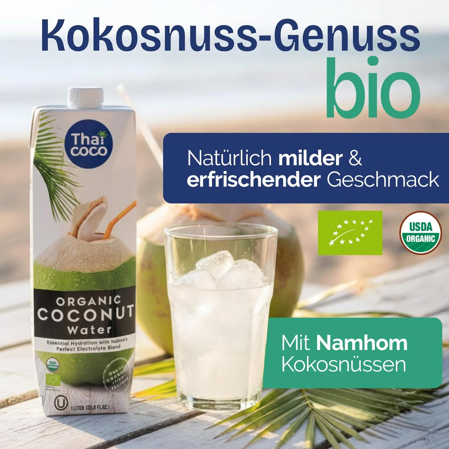 Thai Coco 100% eau de coco bio – Rafraîchissement naturel de Thaïlande – Certifiée biologique, sans sucre, sans ajout de conservateurs, 6 x 1 L Tetra Pak – Goût frais de noix de coco biologiques