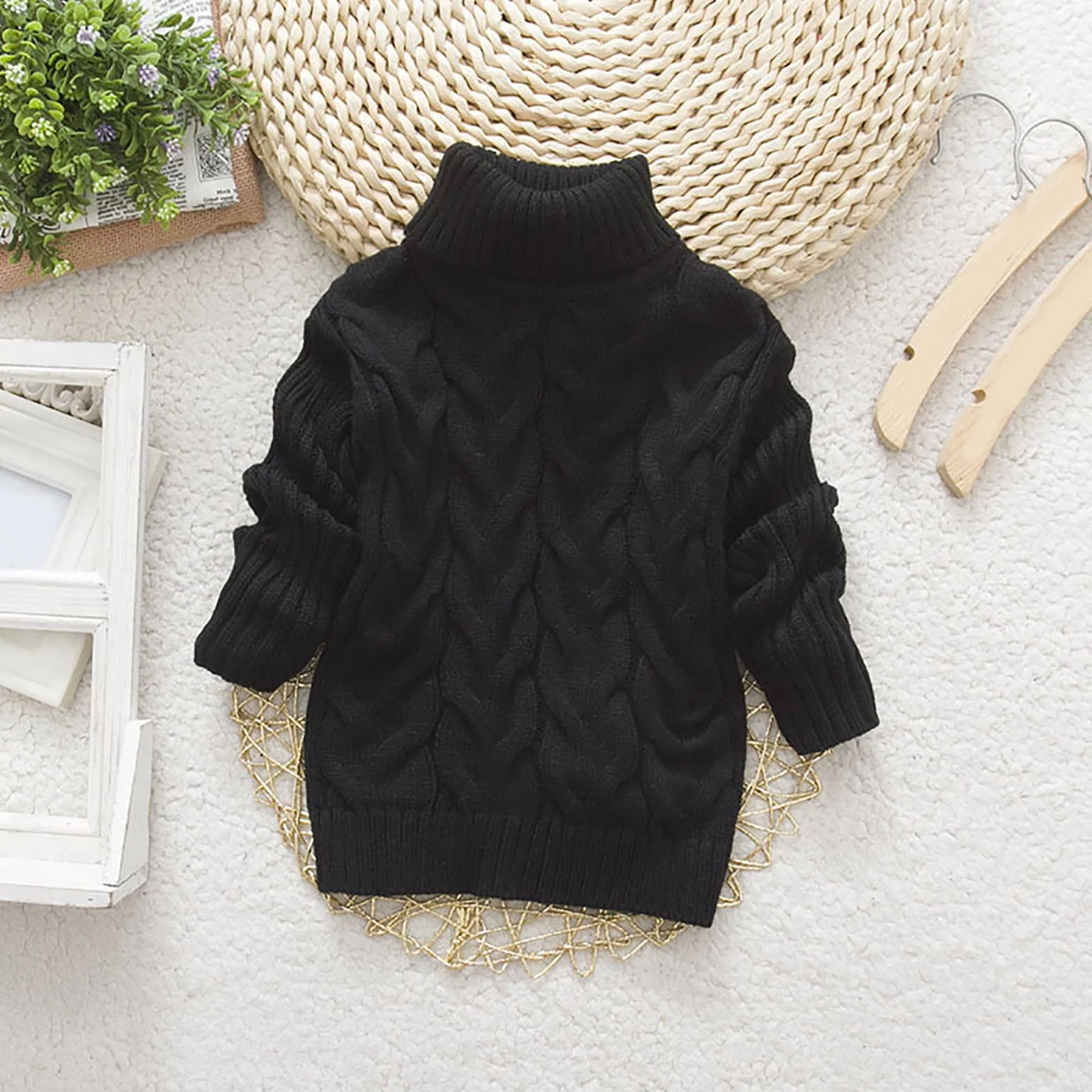 Pull à motif torsadé pour enfant - Col roulé - Pull en tricot chaud d'hiver pour fille - Grosse maille