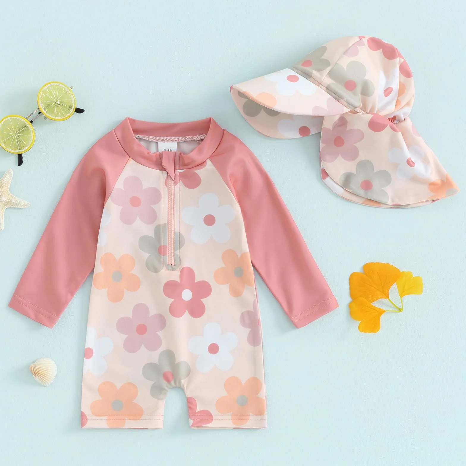 Carolilly Maillot de Bain Une Pièce Enfant Bébé Fille Zippé Anti-UV avec Chapeau Rose Fleurs 3-6 Mois