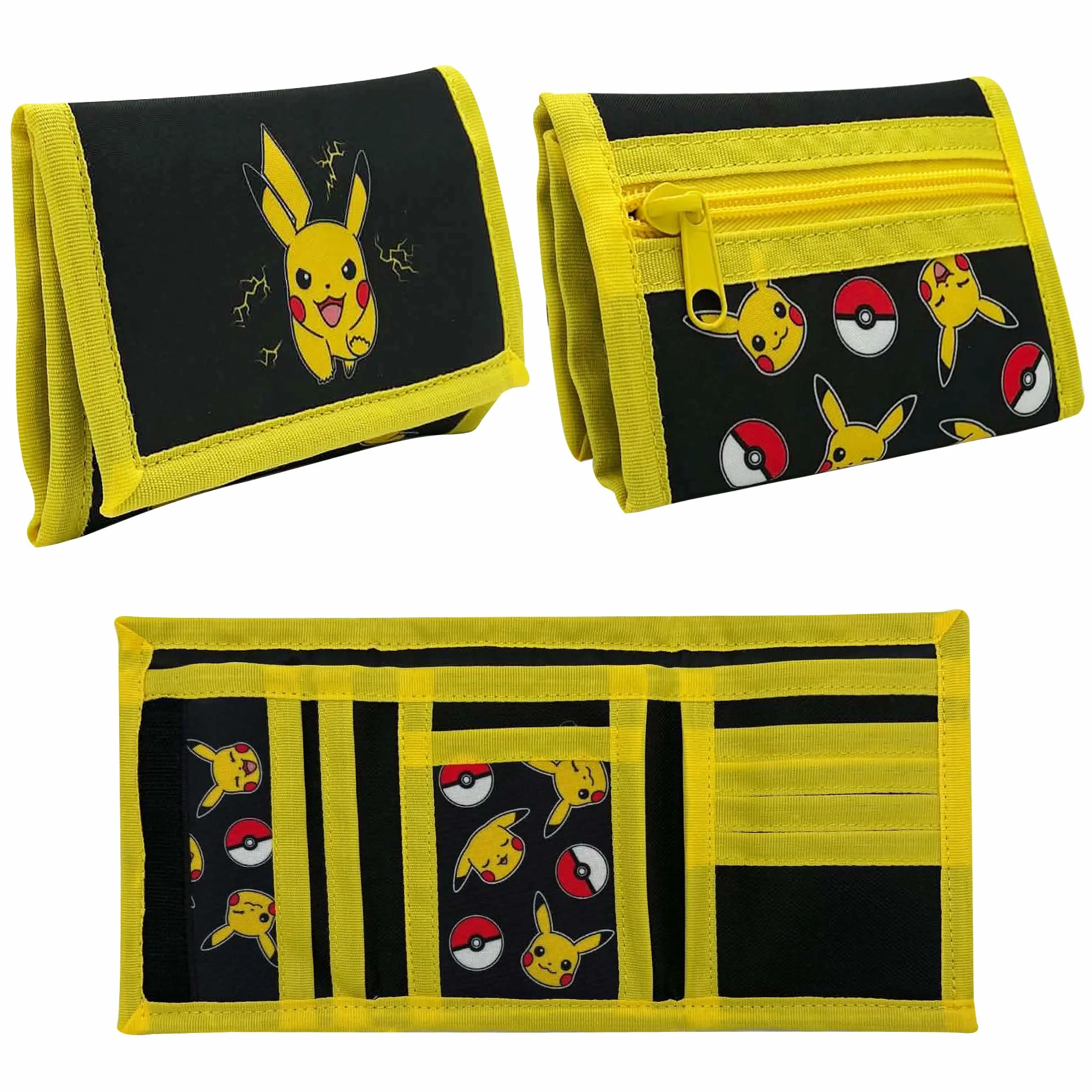Pokémon Portefeuille Enfant Officiel Pikachu Tri-Fold Noir Jaune 3 Sections Poche Zippée Porte-Cartes 9 x 13 cm Cadeau