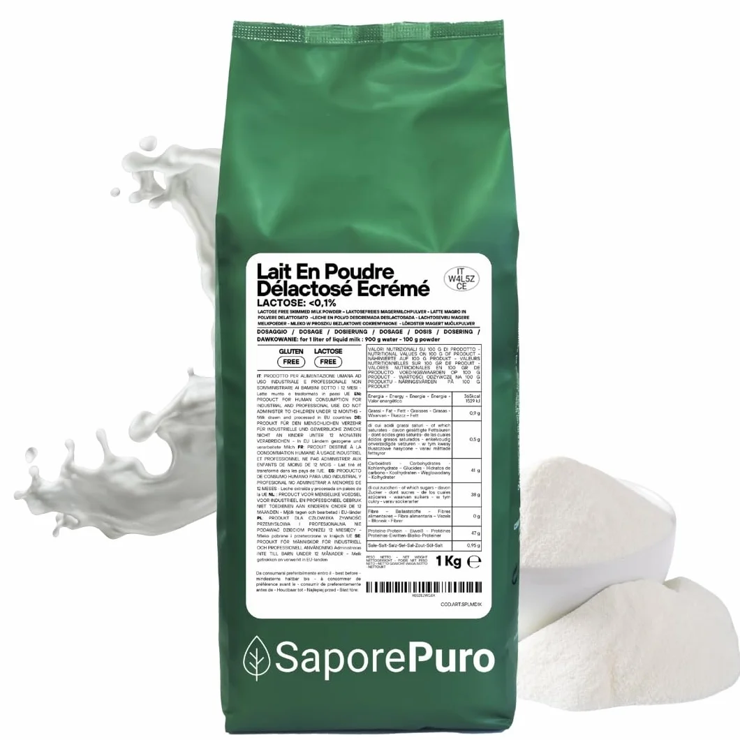 SaporePuro Lait Écrémé Déshydraté Sans Lactose 1 kg | Haute Solubilité | Idéal pour Pâtisseries, Pain et Glace Artisanale | Usage Professionnel et Industriel | Sans Lactose | Sans Gluten