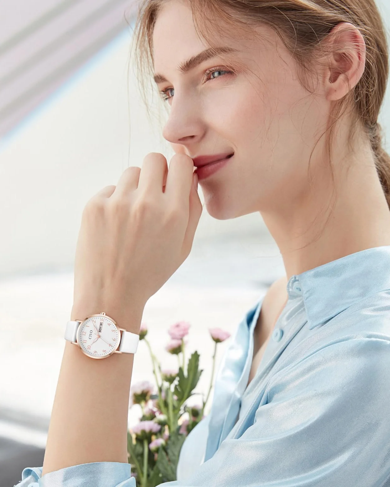 CIVO Montre Femme Analogique 35mm Cadran Clair Grands Chiffres Aiguilles Lumineuses Date Jour Bracelet Cuir
