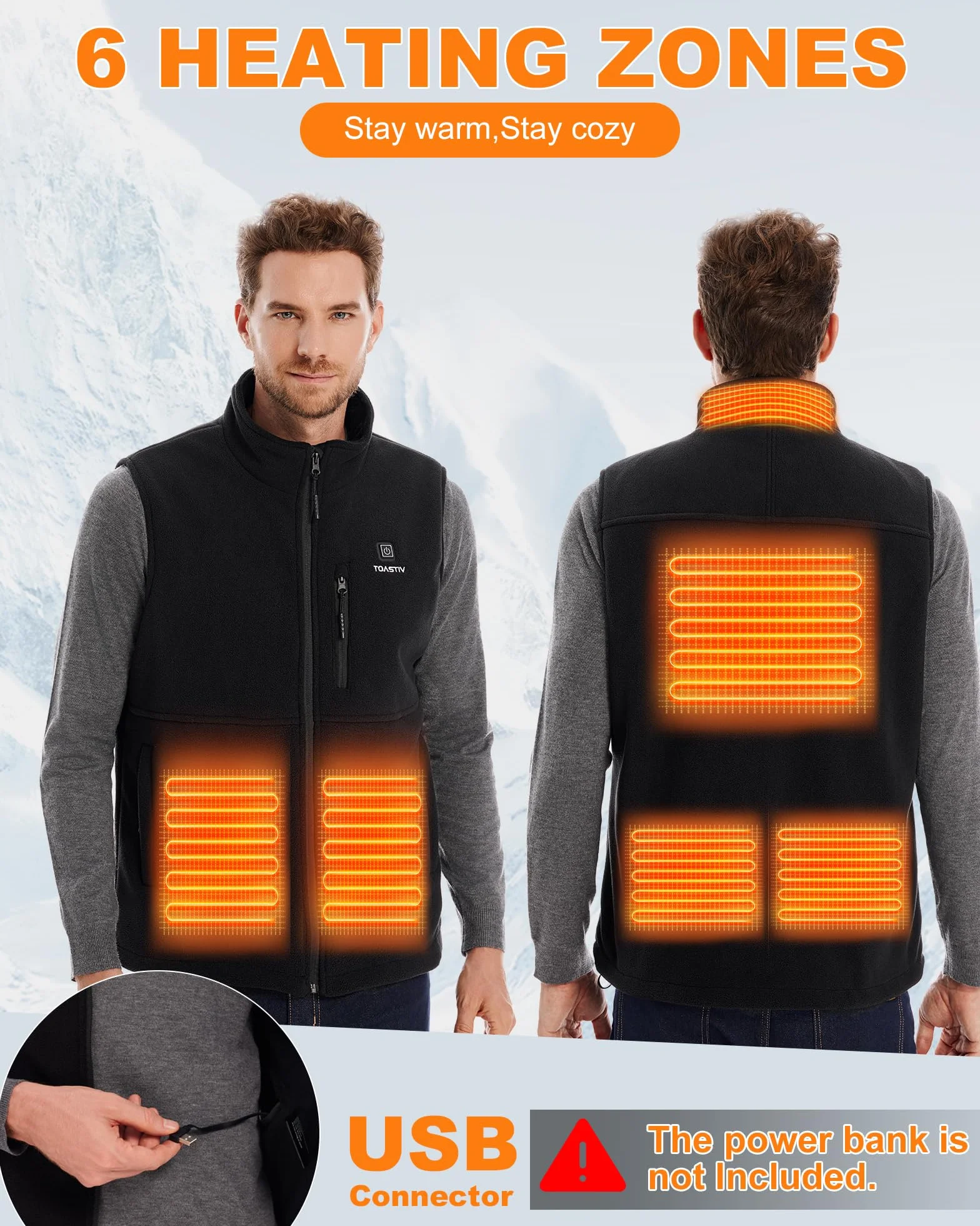 Gilet Chauffant Homme Veste Polaire Électrique 3 Températures 6 Zones Chauffage USB Plein Air