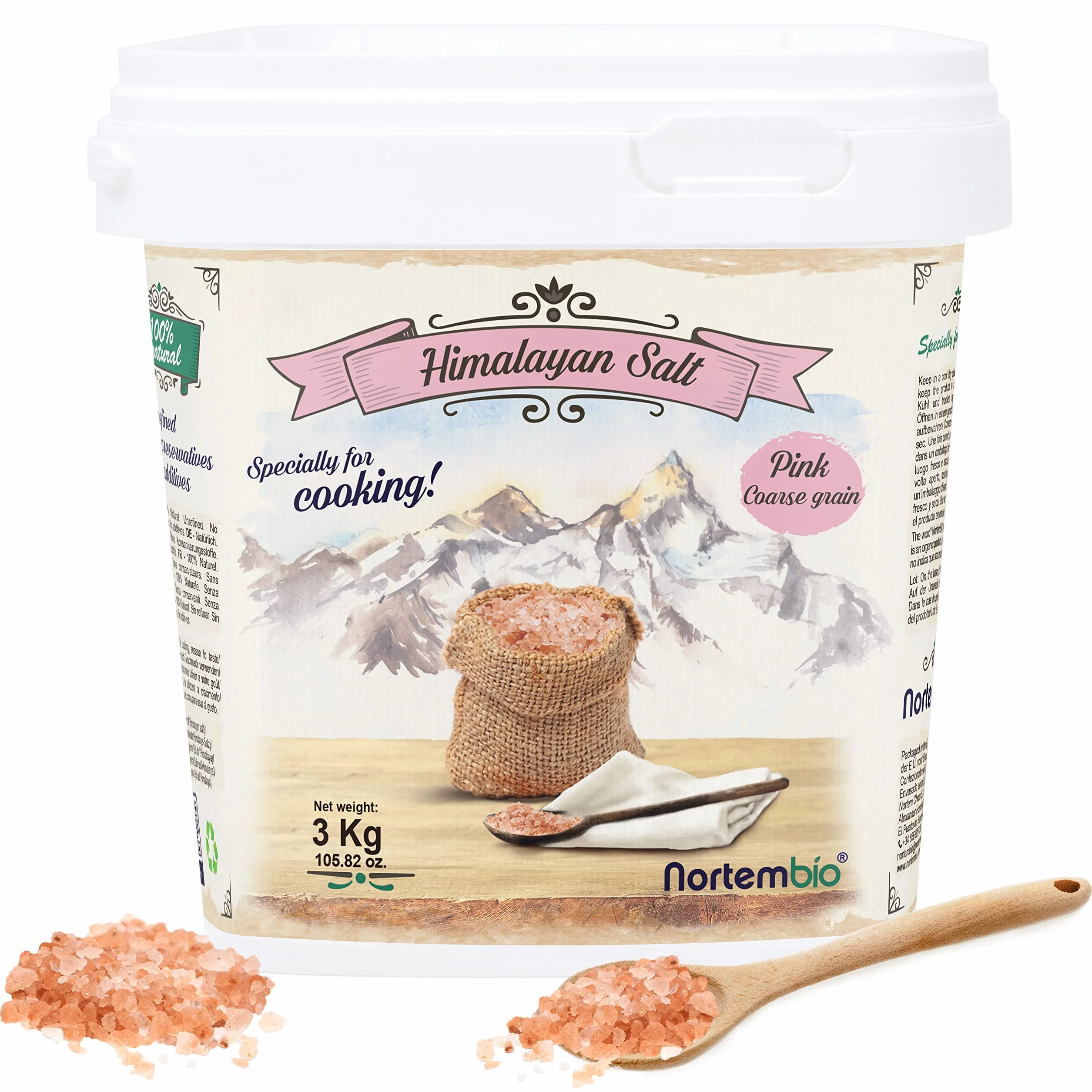 Nortembio Sel Rose de l’Himalaya 3 kg Gros Grain (2–5 mm) Origine Pakistan – Sel Minéral Naturel Non Raffiné pour Usage Culinaire + eBook de Recettes Offert