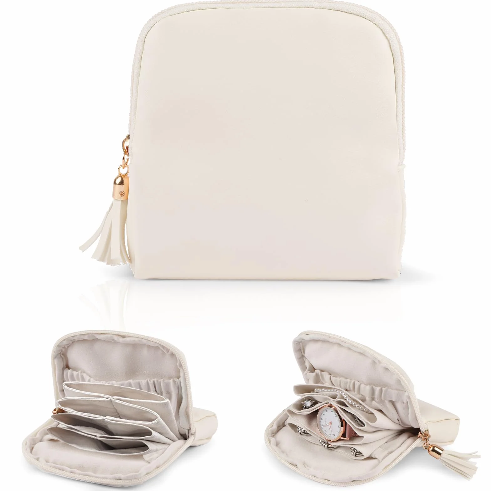 Pochette Bijoux Portable Multifonction Beige, Boîte à Bijoux de Voyage avec Franges
