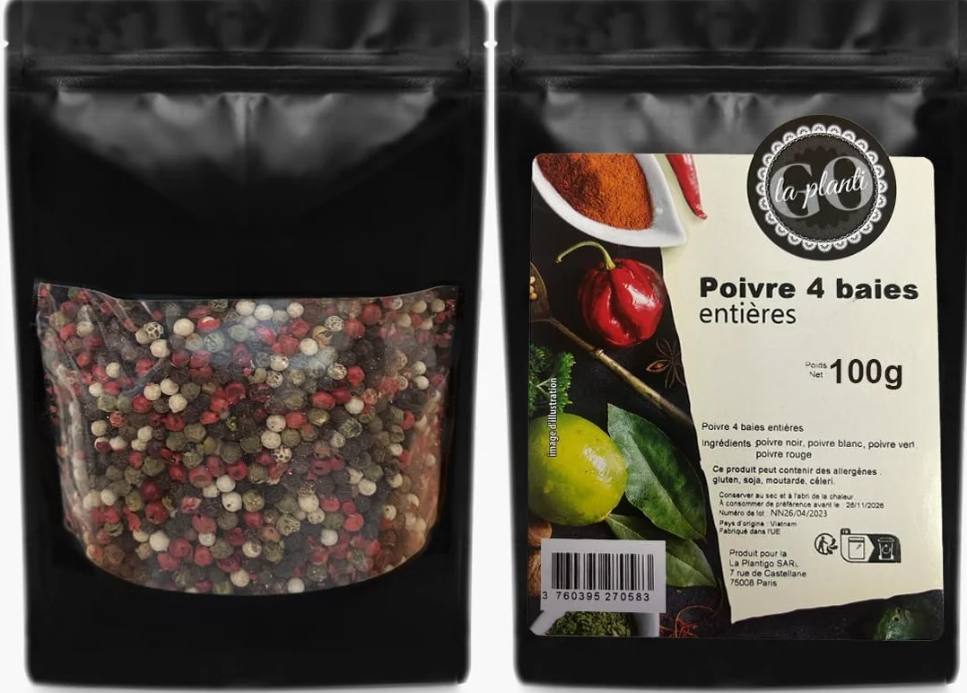 Poivre 4 baies entières 500 g - LA PLANTIGO Mélange de poivres, Poivre à 4 Baies mélange, Mélange de grains de poivre 100% naturel, coloré en grains de poivre