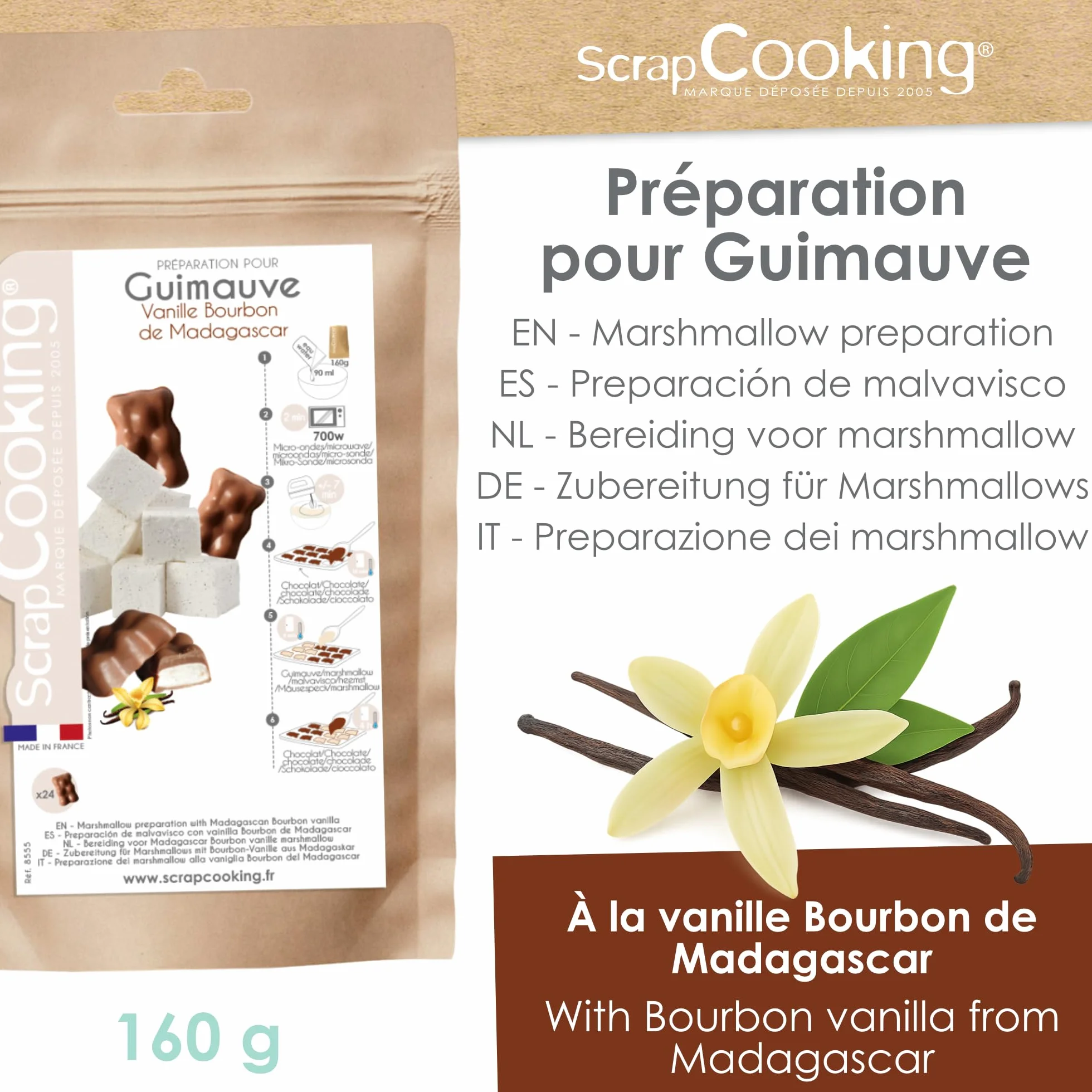 ScrapCooking - Préparation pour Guimauve Vanille 160 g - Mix pour Chamallow & Ourson Guimauve Maison - Vanille Bourbon de Madasgascar - Cuisine Pâtisserie - Fabriqué en France - 8555