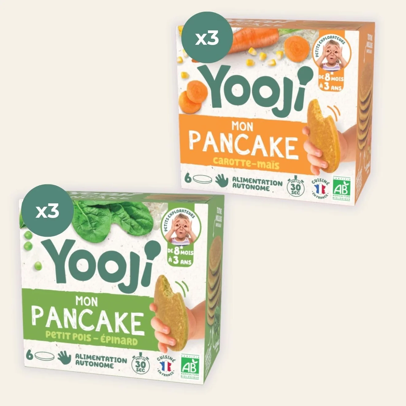 Yooji - Lot x6 Pancakes Petit pois Carotte bio pour repas bébé dès 8 mois - Introduction purée morceaux, Alimentation autonome et DME - 18 repas
