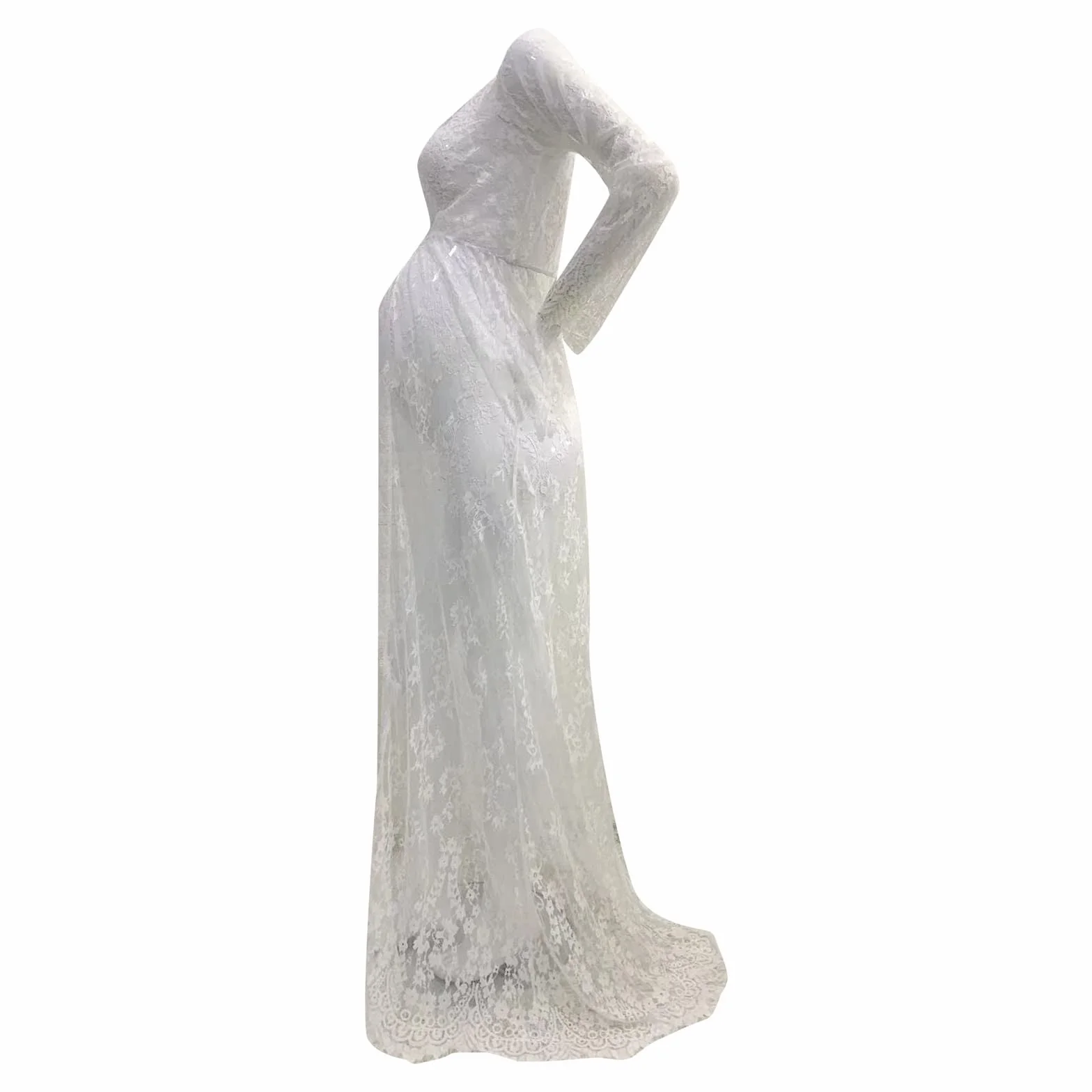 Robe Grossesse Chic Dentelle Manche Longue Col en V Maxi Robe Maternité Mariage Soirée