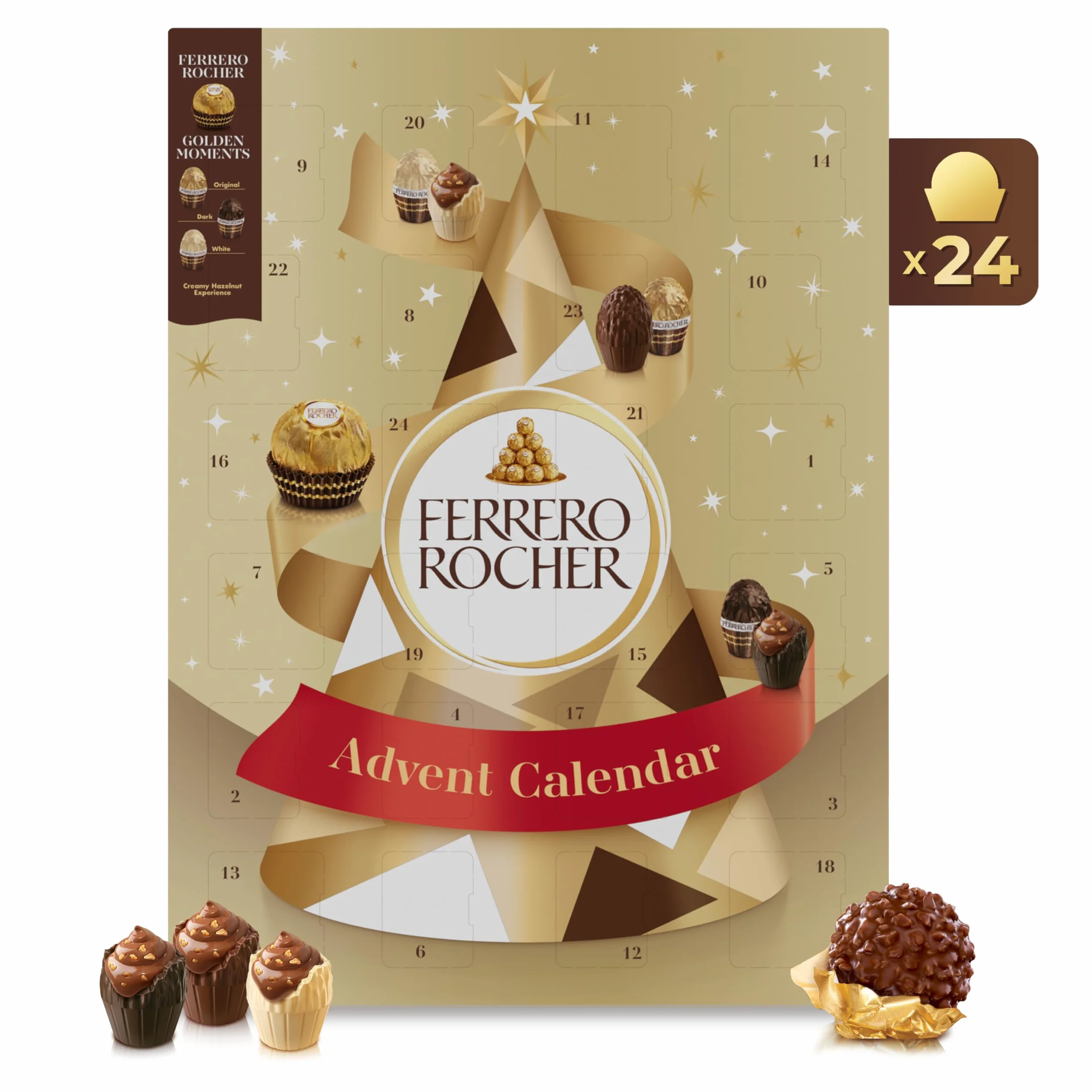 Ferrero Rocher Calendrier de l’Avent Premium – 24 Chocolats Assortis à la Noisette et au Cœur Fondant – Édition de Noël 258 g