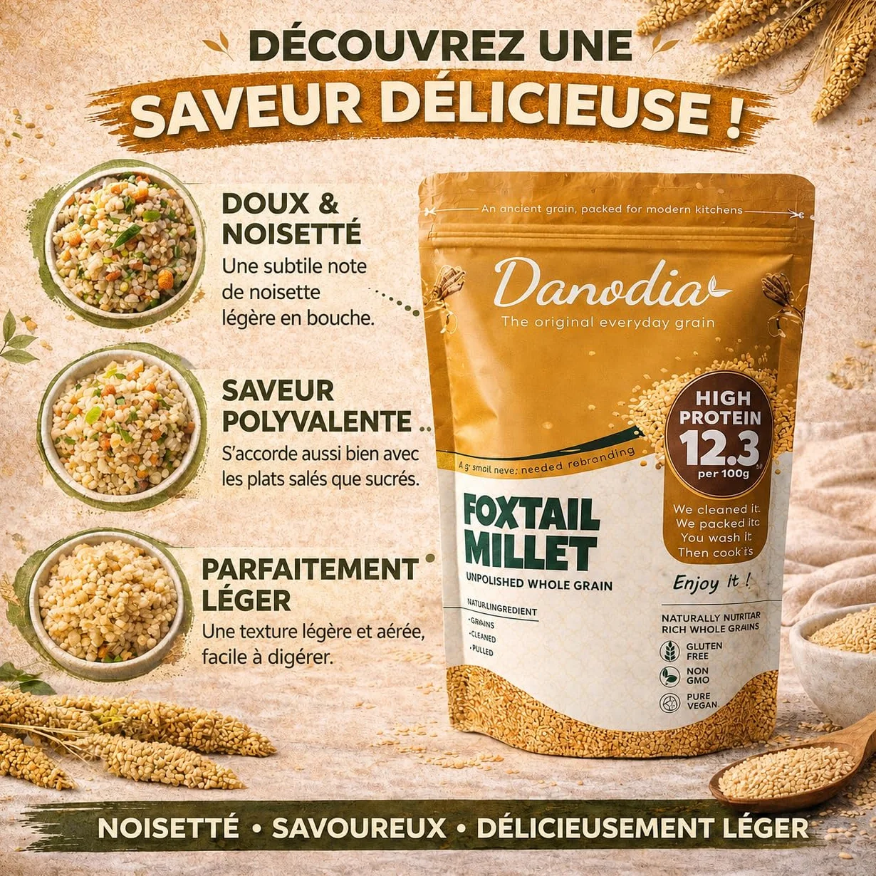Danodia Foods Millet Queue-de-Renard Entier 950 g / 2 lb | Foxtail Millet décortiqué et non poli | Céréale sans gluten cultivée en Inde | Pour bols, porridge, accompagnements et recettes maison