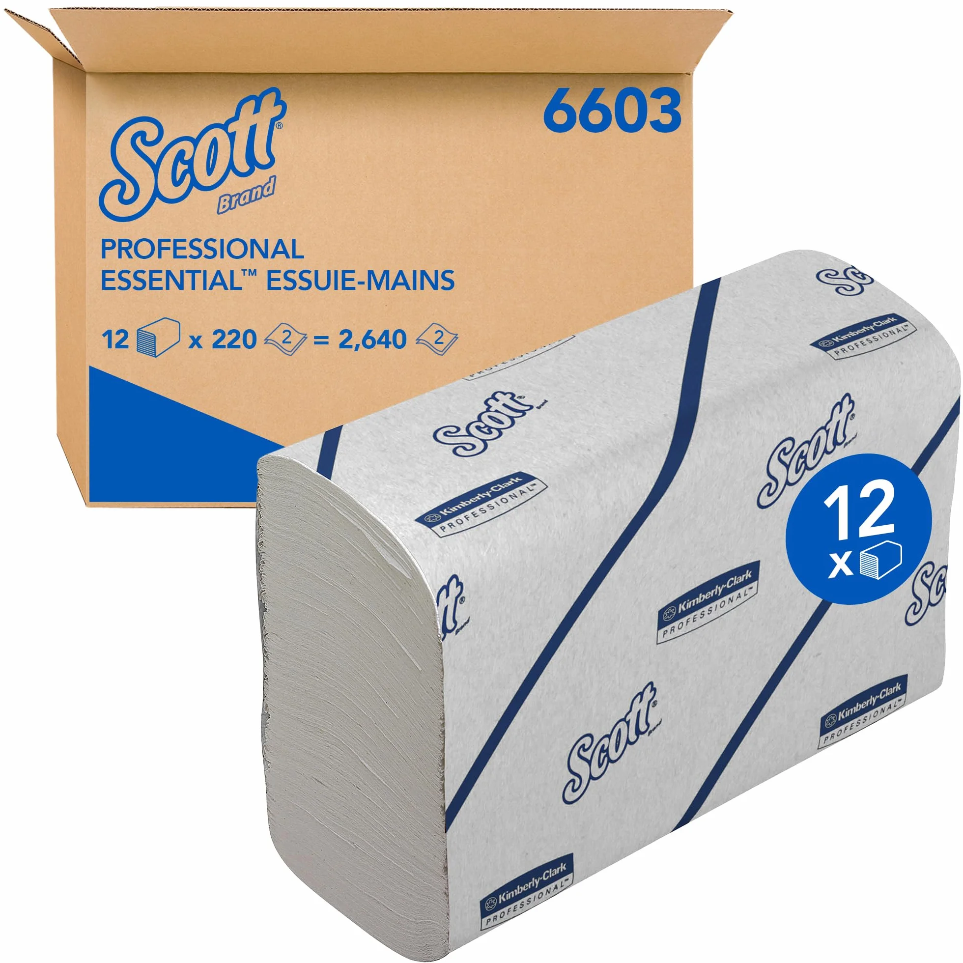 Essuie-mains Scott® EssentialTM 6603 – pliés, enchevêtrés en V, 2 Épaisseurs, Blancs, Absorbants & Écoresponsables – 12 Paquets x 220 Feuilles (2 640 au Total)