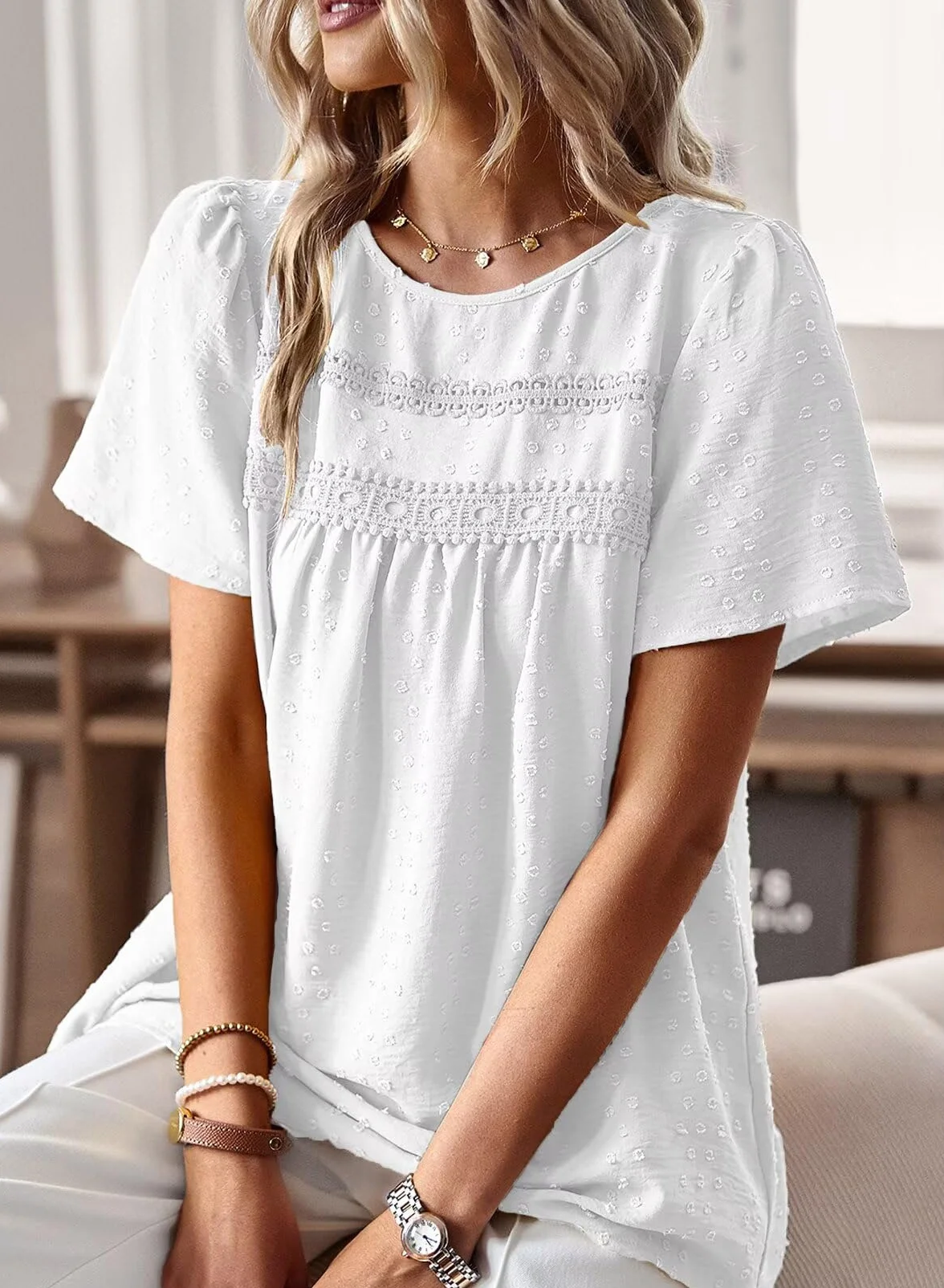 Chemisier Boho Femme Manches Courtes Col Rond Dentelle Tunique Fluide Tops Chic
