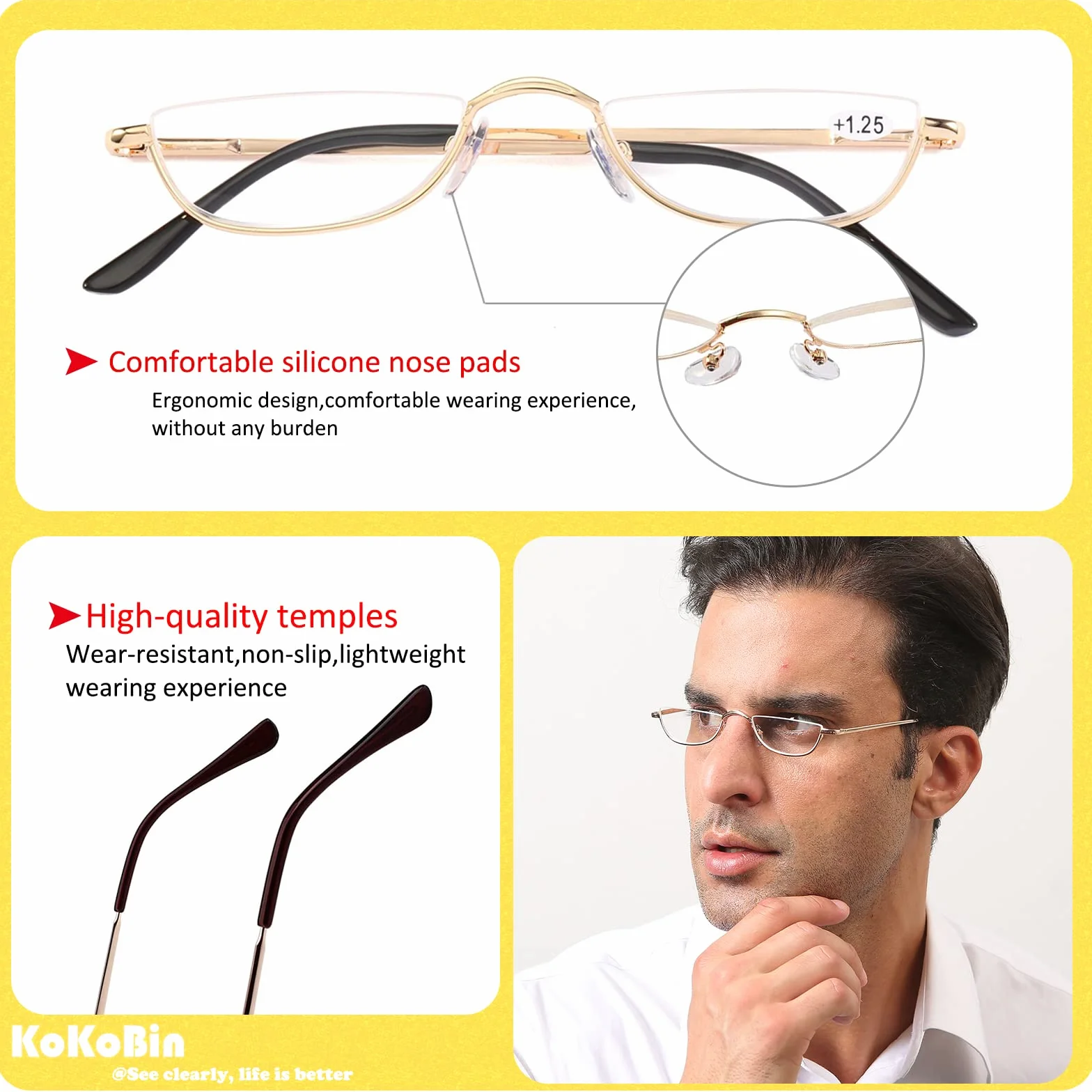 Lunettes de Vue Lecture Demi Lune KoKoBin 2 Paires Métal Charnières Ressort Femme Homme Noir Or Dioptres 2.5