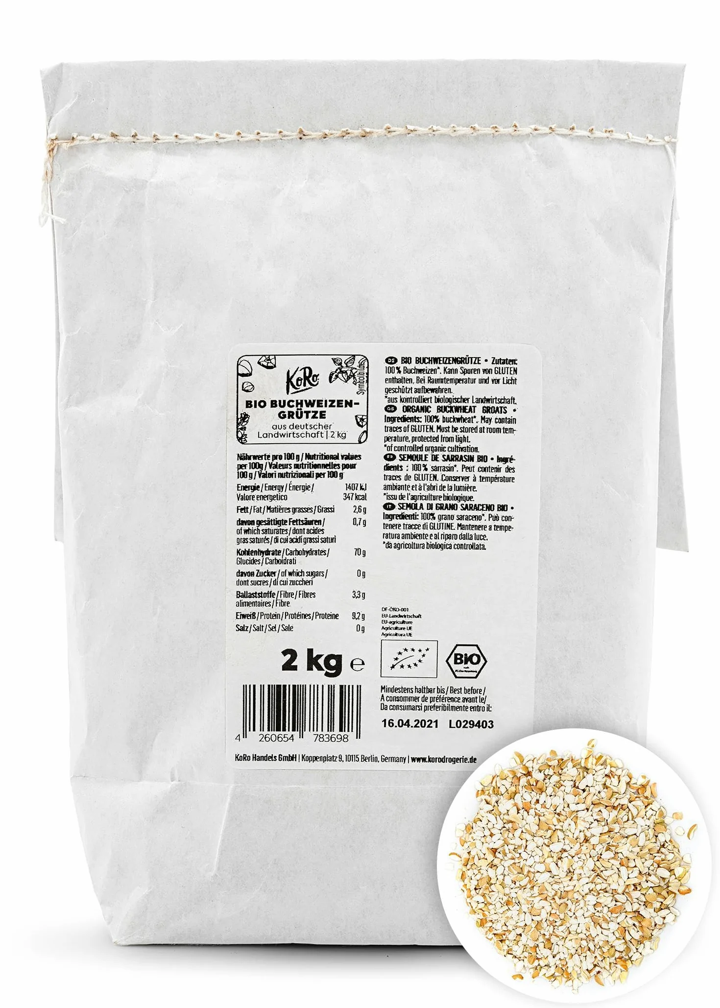 KoRo - Semoule de sarrasin 2 kg - Bio - goût naturel et légèrement noiseté - idéal pour porridge et recettes salées