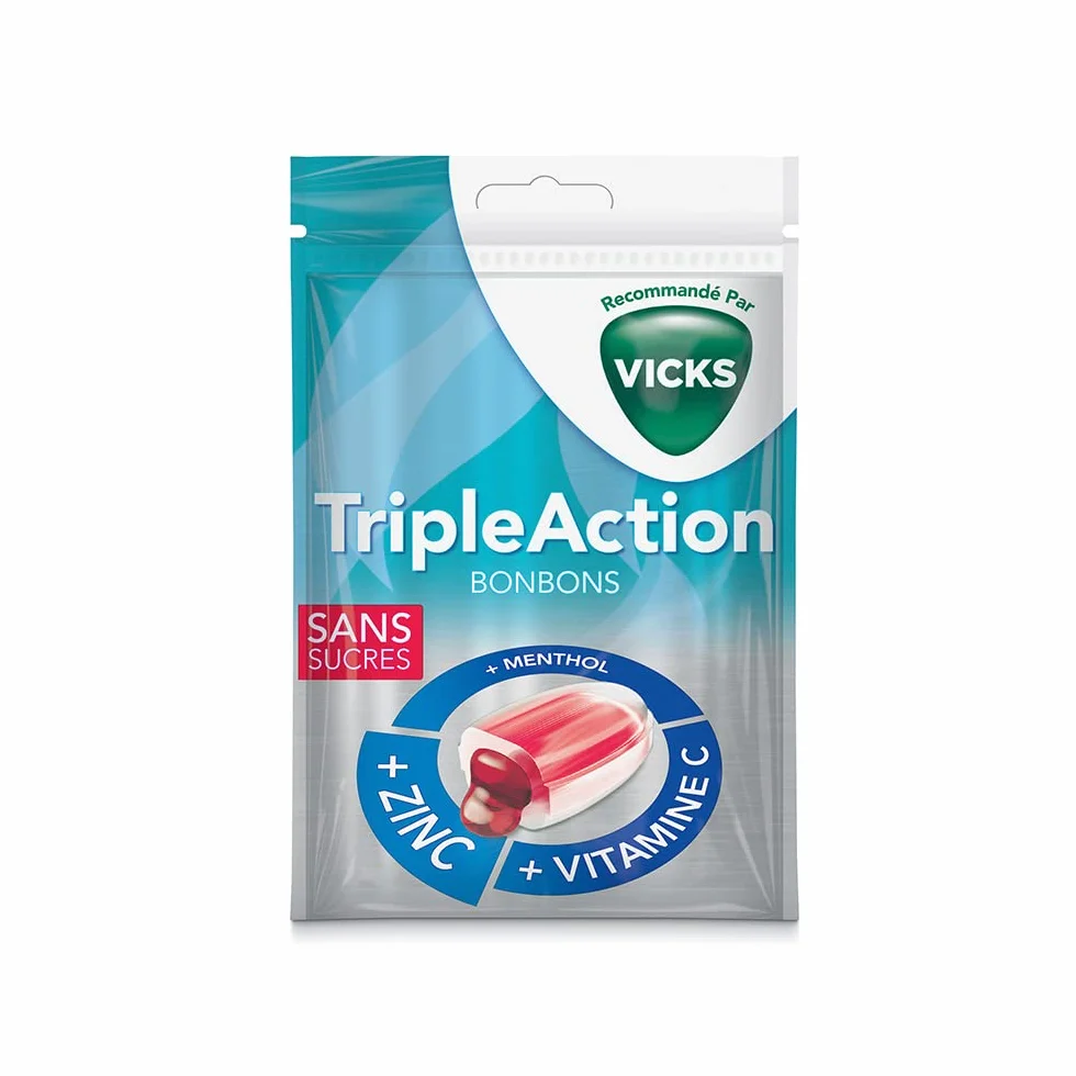 Vicks Bonbons Triple Action Zinc & Vitamine C sans sucres vegans goût cassis 72g 17 pièces