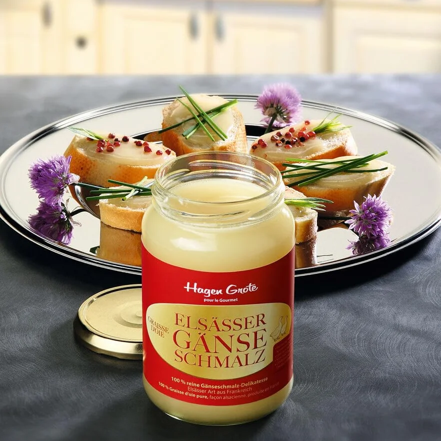 Graisse d’oie à l’alsacienne Hagen Grote 2 x 300 g dans un verre, pure graisse d’oie, spécialité française, relevée sur du pain, pour frire la volaille ou assaisonner le chou rouge